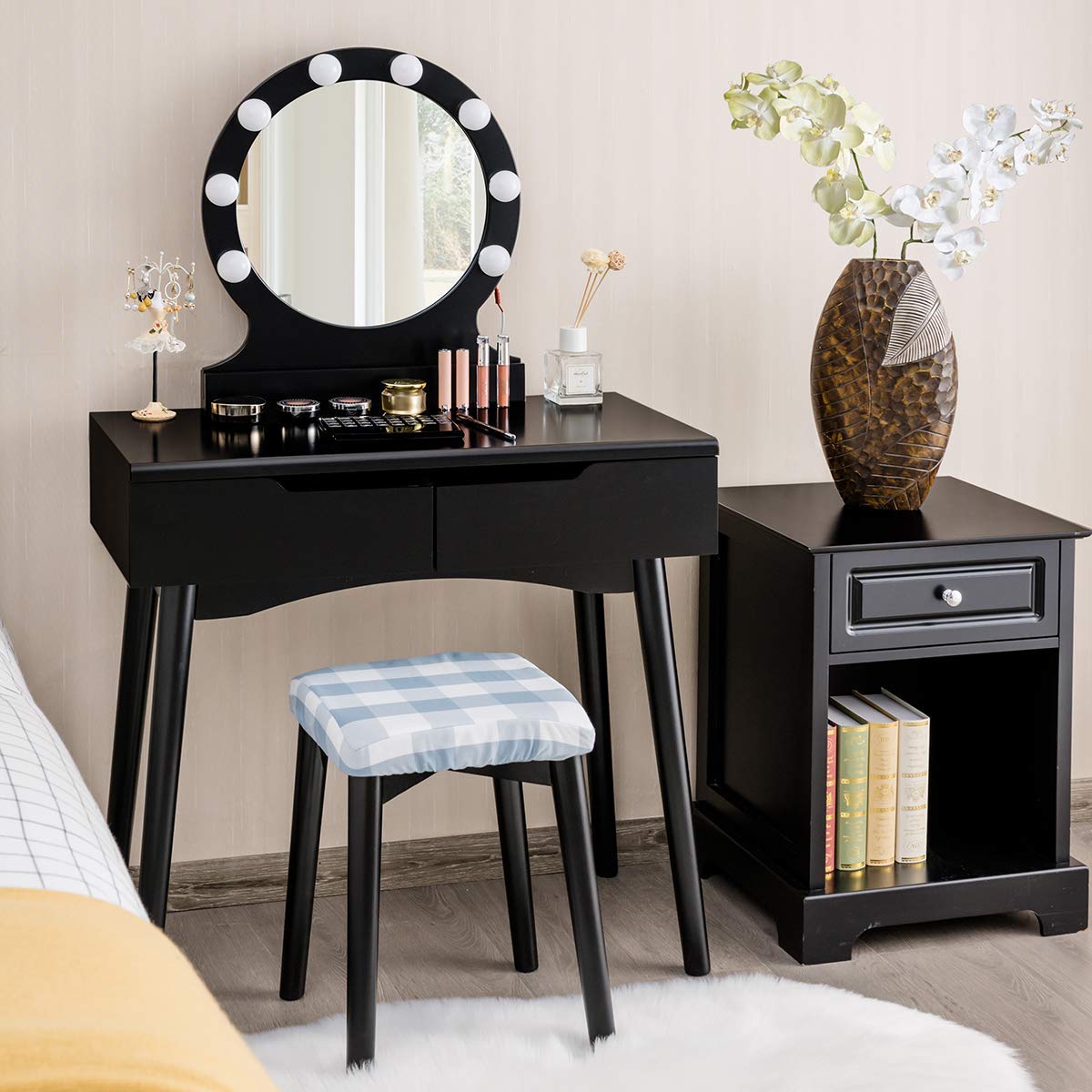 Giantex Vanity Table Set with 8 LED Lights & Touch Control, Princess Style Dressing Table with Large Round Mirror, 2 Sliding Drawers & Cushioned Stool - Perfect for Bedroom, Bathroom & Makeup Room (Black)