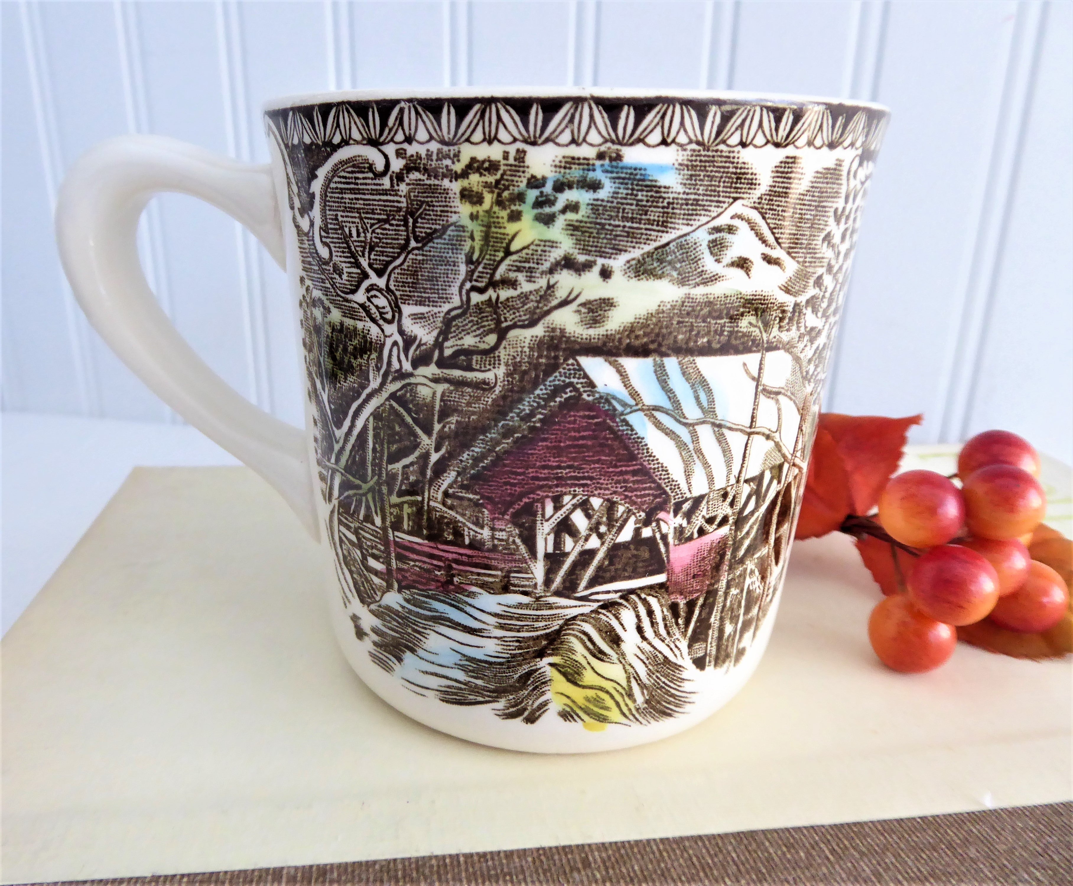 Johnson Brothers Covered Bridge Ceramic Mug 9 Oz - Vintage Style Coffee Cup for Elderly, Perfect for Tea, Hot Chocolate & Cozy Home Use