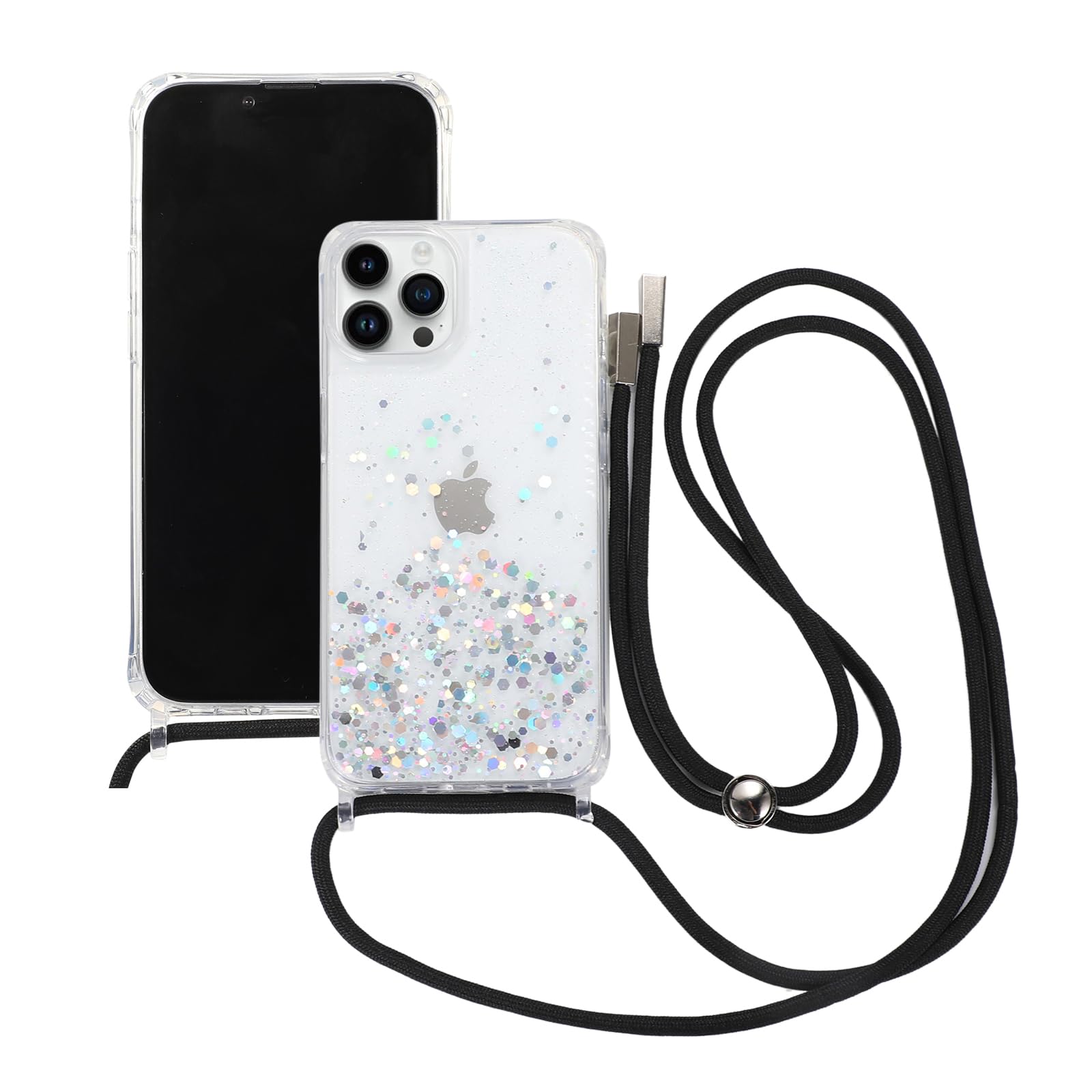 **iPhone 15 Pro Max Clear Glitter Shockproof Case with Adjustable Crossbody Lanyard – Sparkle Bling TPU Bumper Cover for Women & Girls – Perfect for Travel, Shopping & Daily Use**