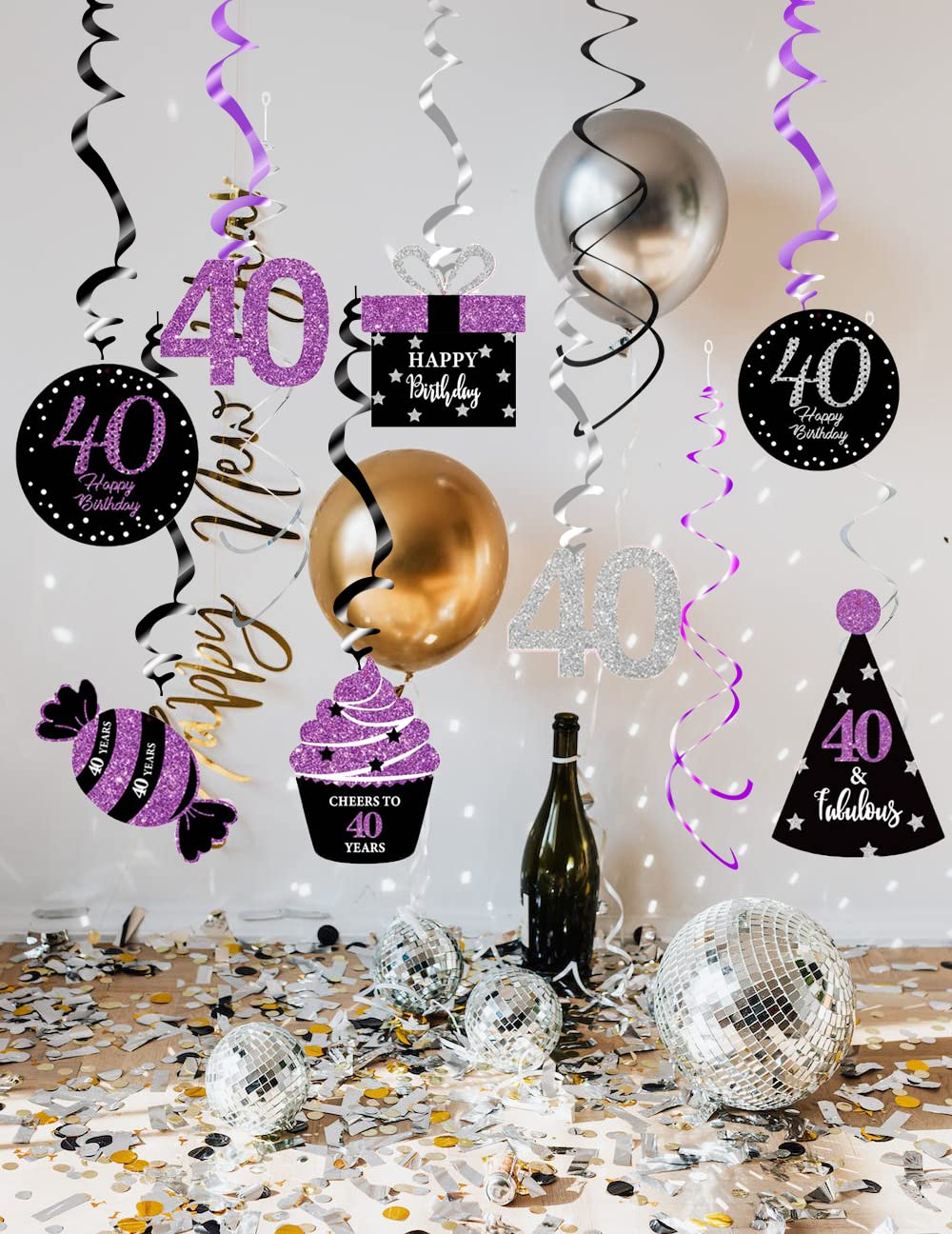 40th Birthday Party Decorations for Women - Purple, Black & Silver Foil Hanging Swirls - Perfect for 40th Birthday Celebrations, Milestone Parties & Women's Birthday Decor
