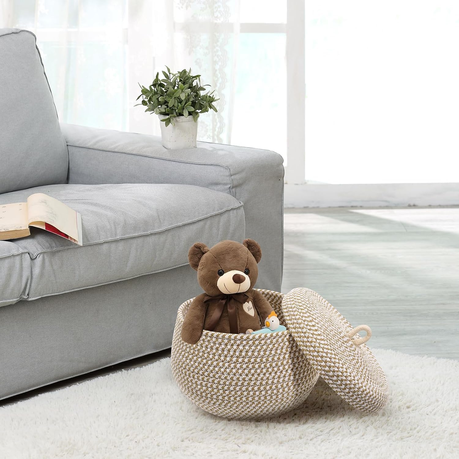 Round Cotton Rope Storage Baskets with Lids - Woven Pumpkin Blanket Basket Organizer for Snacks, Eggs, Toys & Home Decor | Perfect for Nursery, Kitchen & Living Room Storage