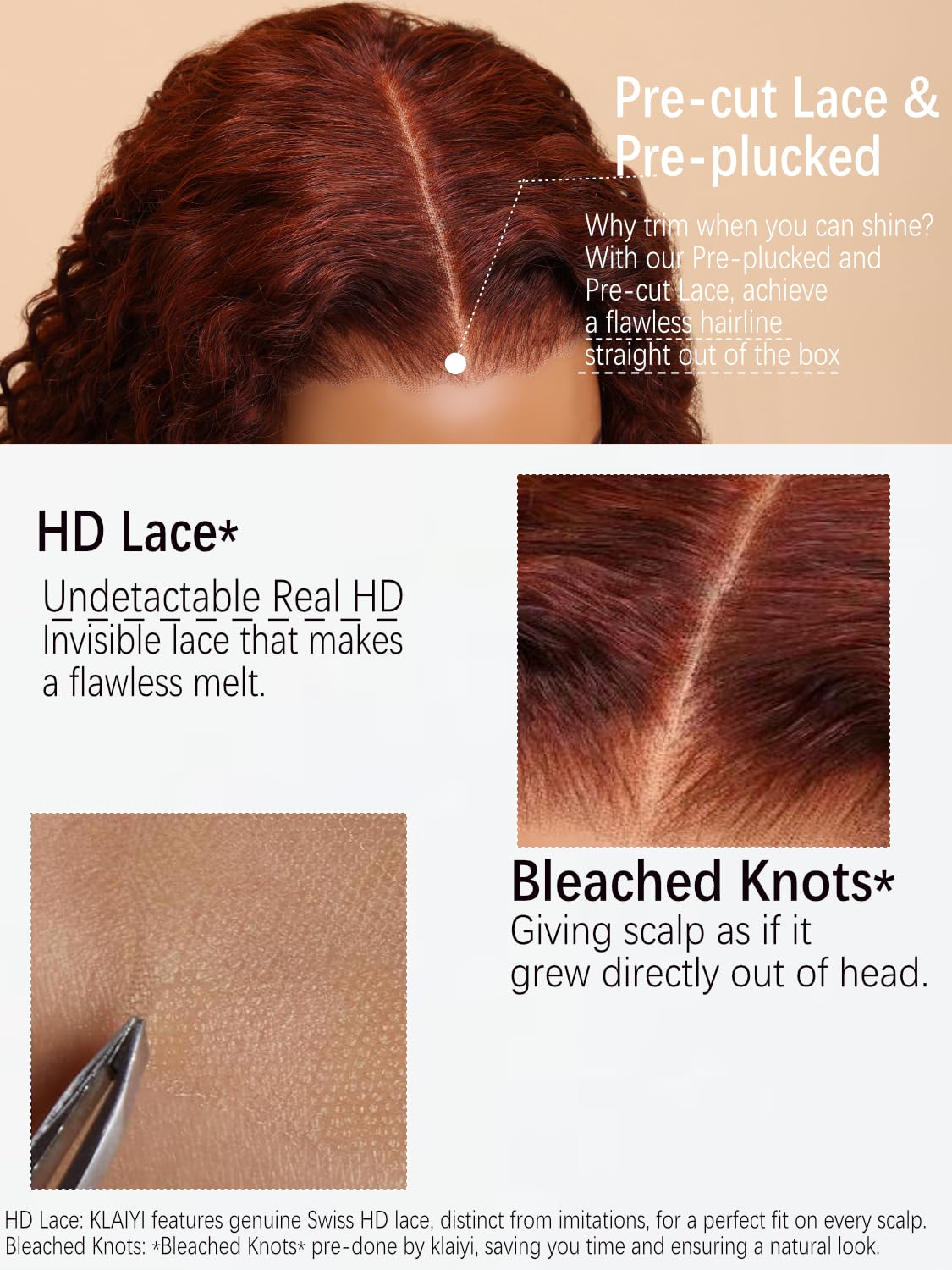 KLAIYI Bye Bye Knots Wig - Reddish Brown Curly 7x5 Invisible Knots Pre Cut HD Lace Front Human Hair Wig | Wear & Go Glueless Deep Curly Wave | Pre Plucked Bleached Knots 180% Density 16 Inch | Perfect for Daily Wear, Parties & Special Occasions