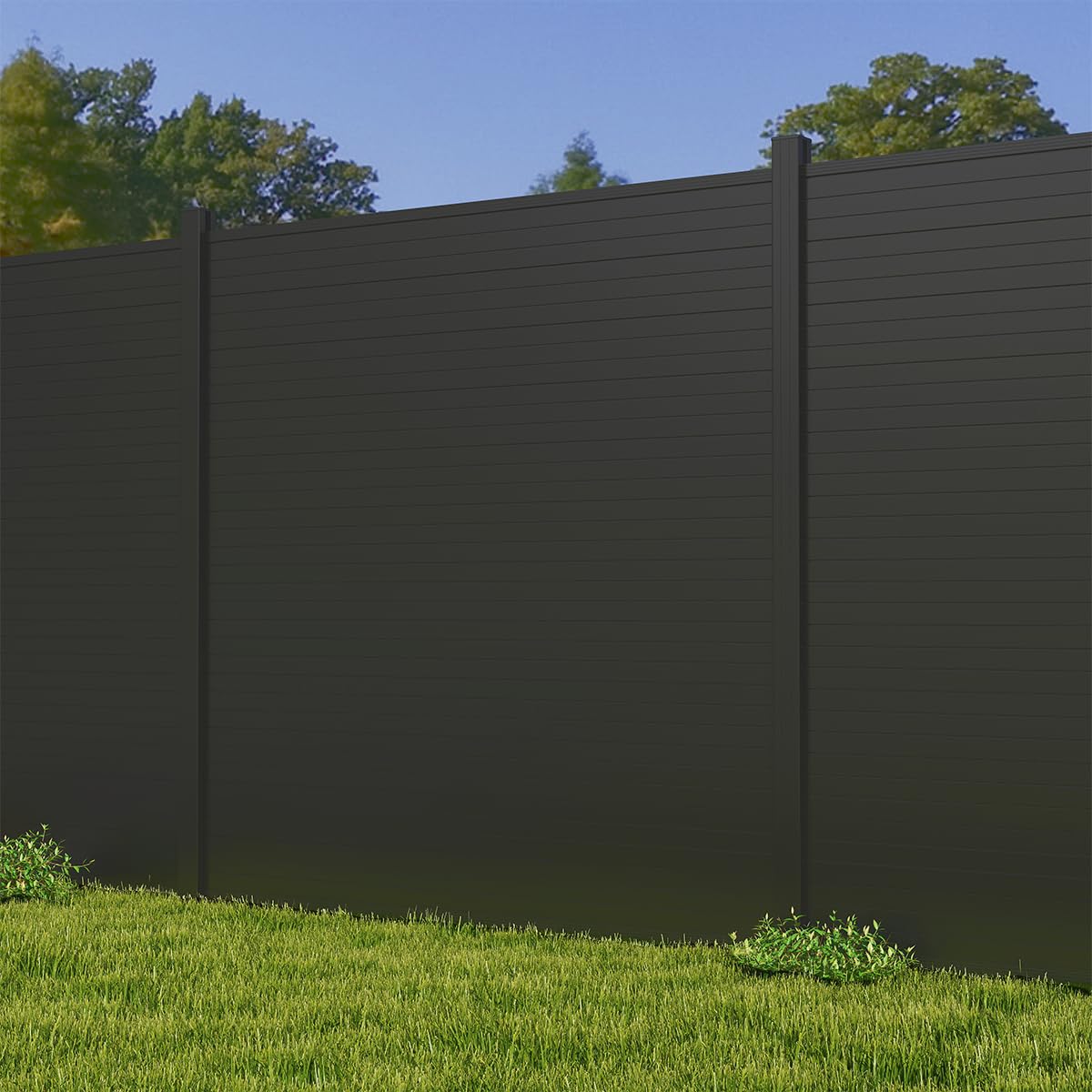 6x6 Ft Outdoor Privacy Screen - Durable Wood Plastic Composite AC Fence Panels for Patio, Garden & Trash Can Enclosure - Black with Ground Posts - Perfect for Backyard, Deck & Poolside Privacy