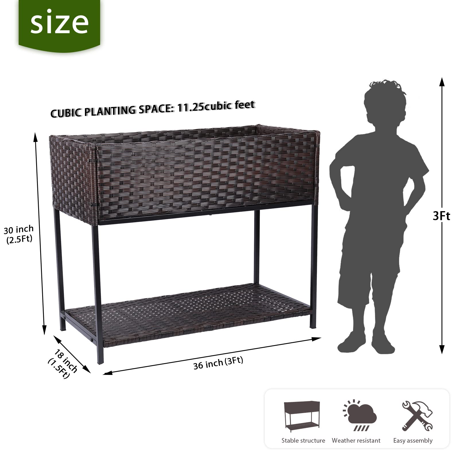 Elevated Rattan Raised Garden Bed with Underneath Tool Storage - Outdoor Planter Box for Herbs, Vegetables & Flowers - Perfect for Patio, Balcony & Backyard Gardening