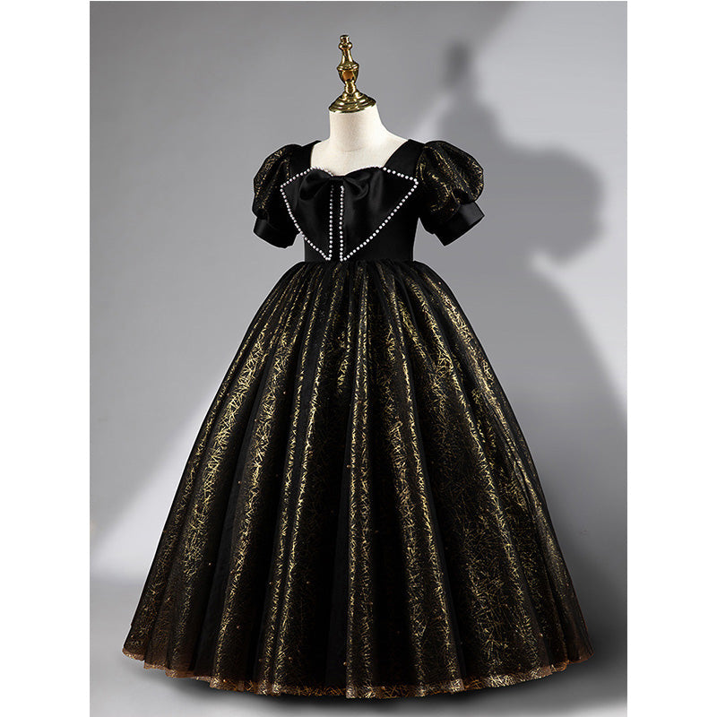 Sparkly Black Sequin Flower Girl Dress with Beaded Details - A-Line Puff Sleeve Floor-Length Dress for Weddings, Parties & Special Occasions
