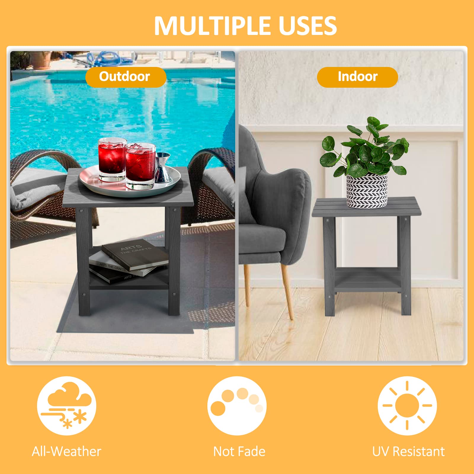 2 Tier Outdoor Side Table with Wood-Like Grain - 16.6