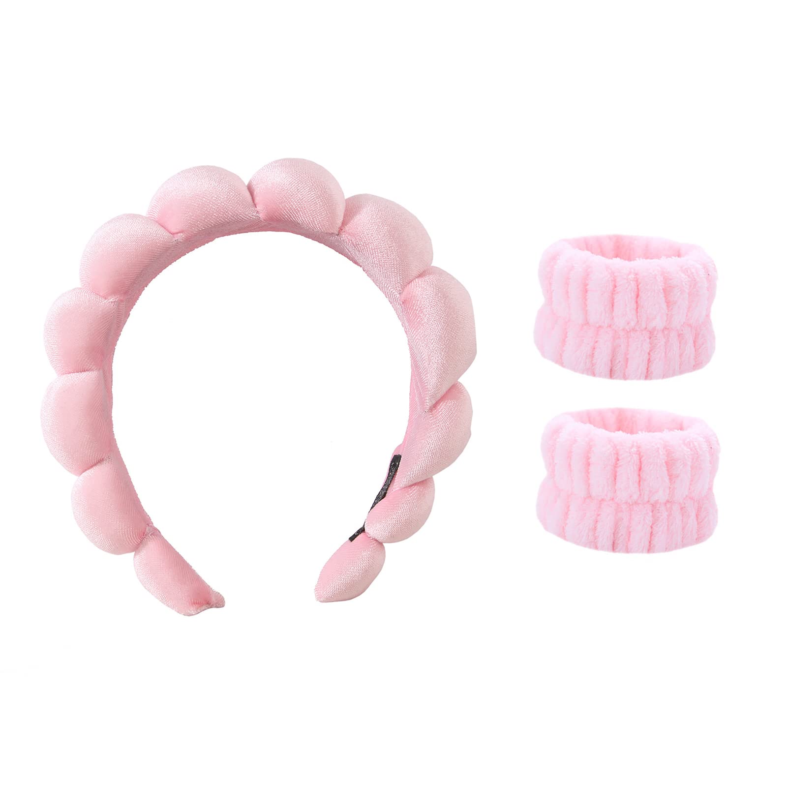 Puffy Spa Headband & Wrist Washband Set for Women - Soft Bubble Makeup Headband & Wristband for Skincare, Washing Face & Shower (Pink) - Perfect for Facial Routine, Spa Day & Beauty Care