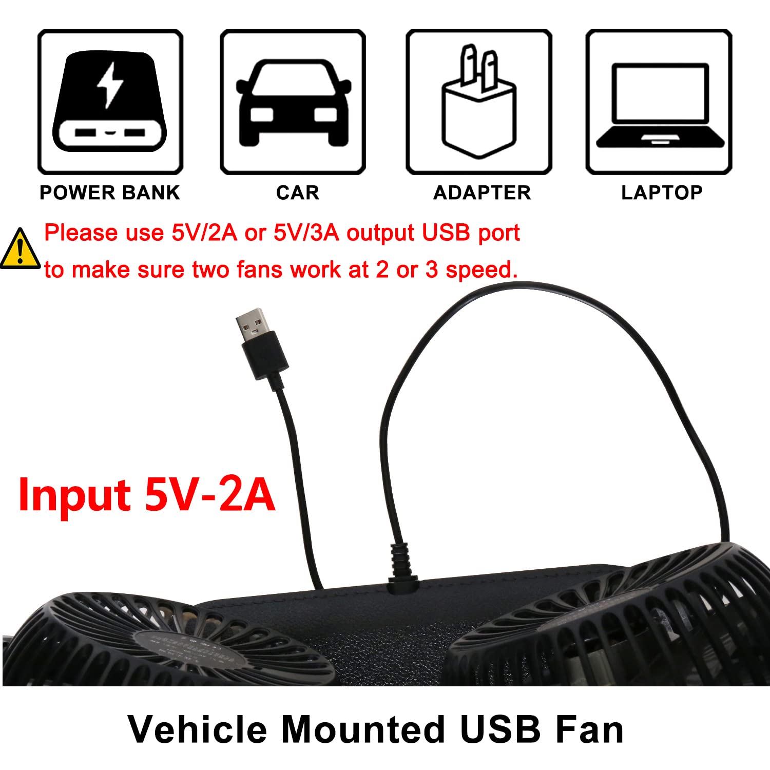 TriPole Dual Head USB Car Fan - 300° Adjustable, 3-Speed Strong Wind Cooling Fan for Dashboard, SUV, RV, Truck | Portable Electric Vehicle Fan for Home, Office & Travel Use