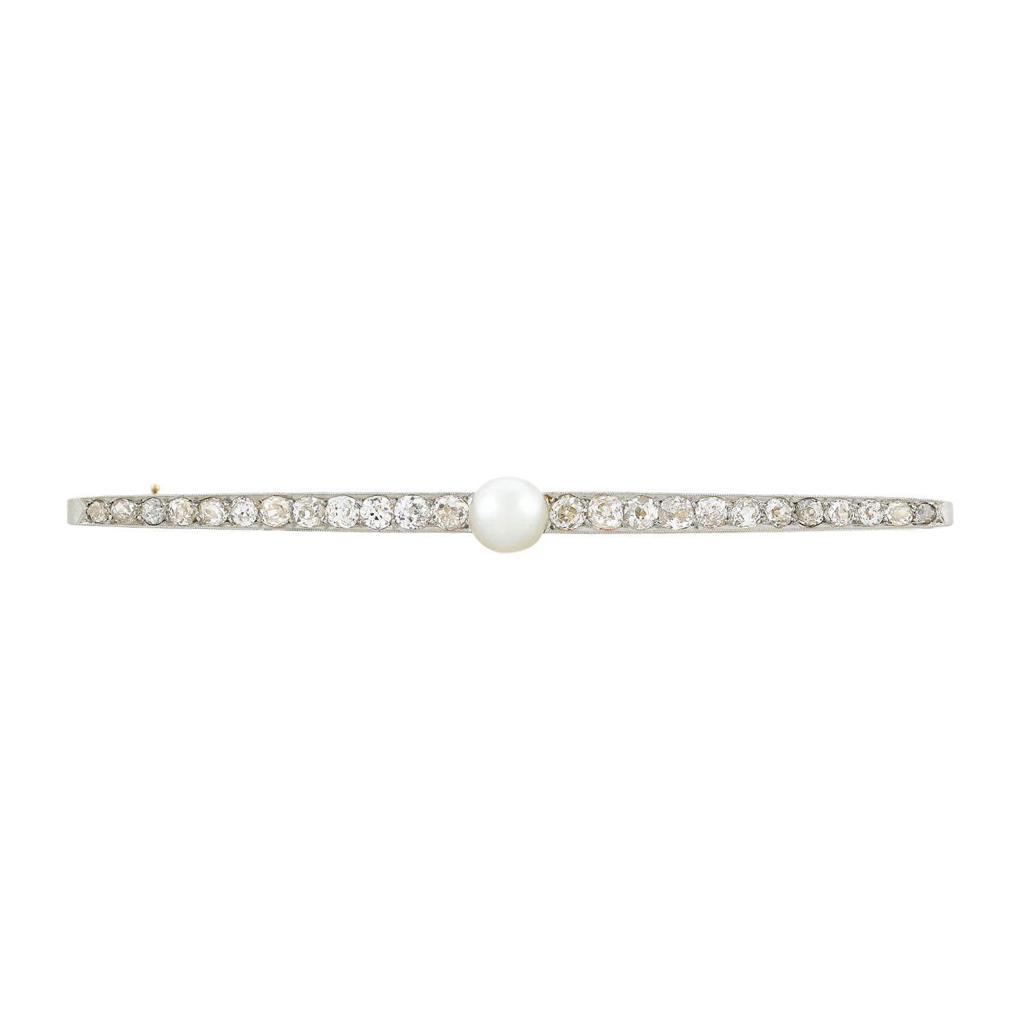 Edwardian 18kt Gold & Platinum Pearl Diamond Bar Pin - 3ctw Vintage Jewelry for Weddings & Special Occasions