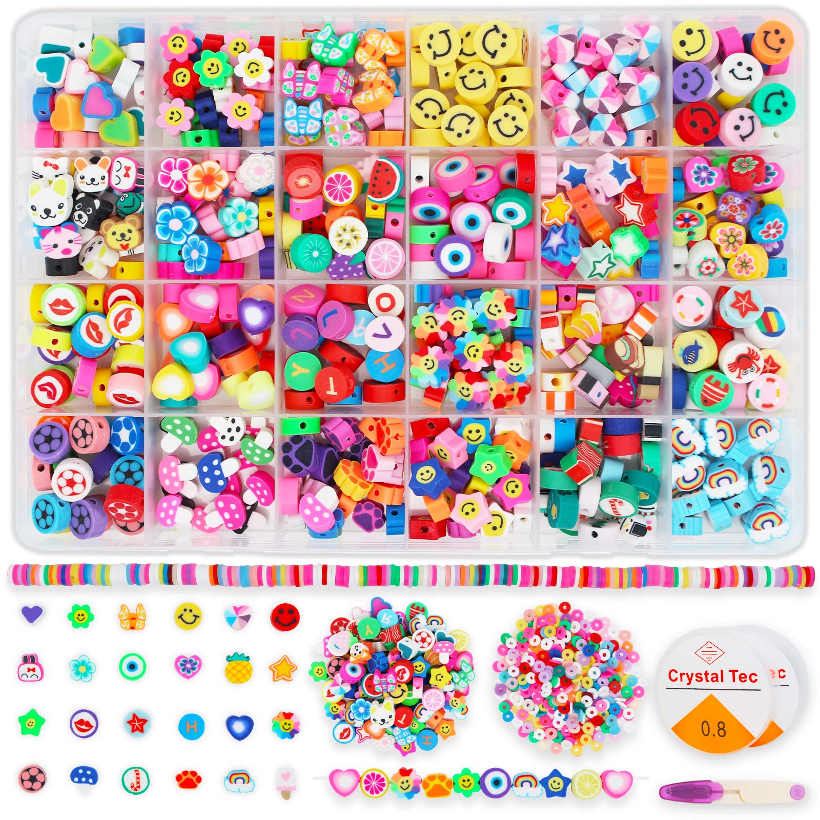 KEMUU 777PCS Polymer Clay Beads Kit for DIY Jewelry Making - 25 Styles Cute Smiley Face, Heart, Fruit & Flower Charms - Preppy Beads for Bracelets, Necklaces, Keychains - Perfect Gift for Women & Girls - Crafting, Party Favors, Fashion Accessories