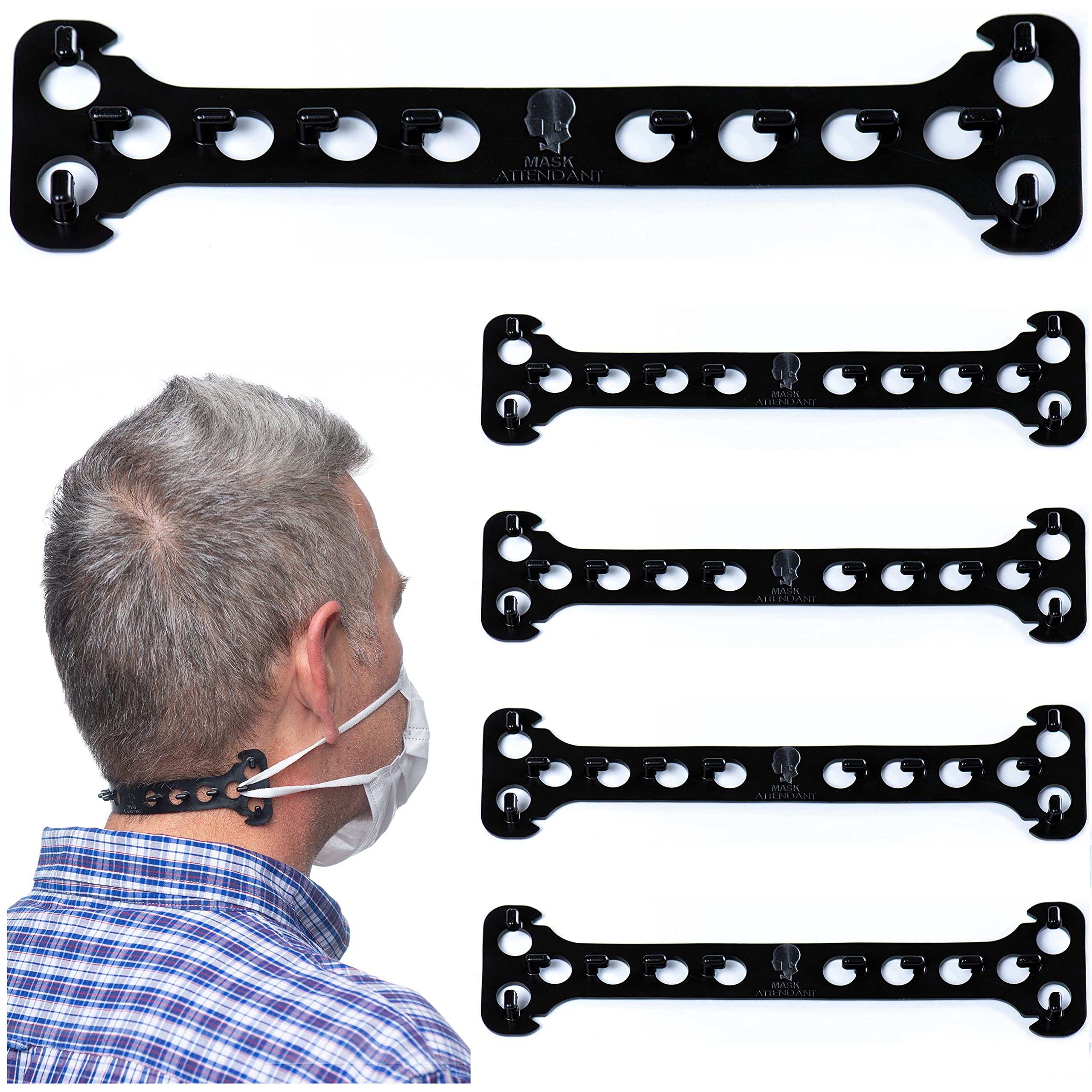 Adjustable Face Mask Holder for Behind Head & Ears - 5 Pack Comfortable Mask Straps & Adjusters by Mask Attendant - Made in USA - Perfect for Healthcare Workers, Teachers & Daily Wear