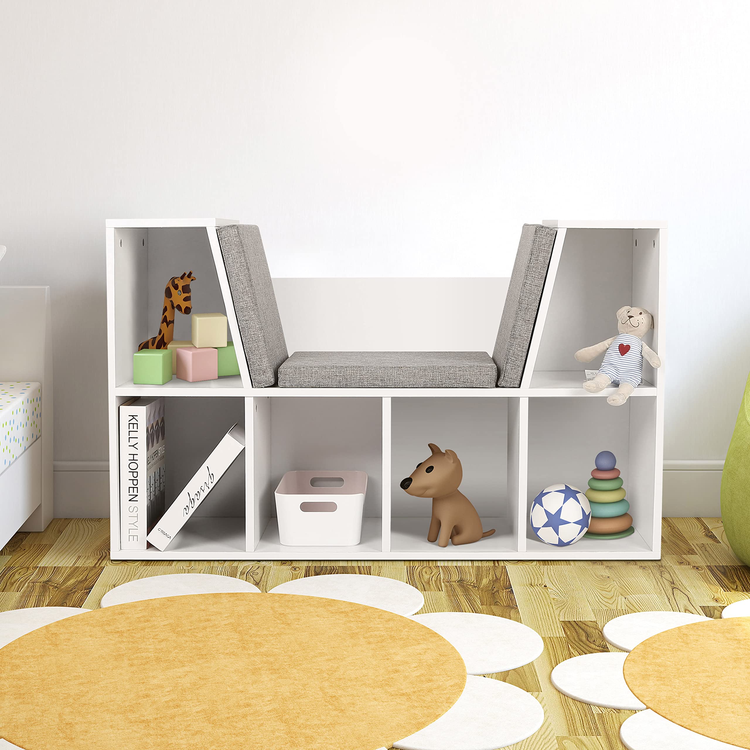 VEIKOU 6-Cubby Kids Bookcase with Reading Nook & Gray Cushion - White Wooden Bookshelf Organizer for Children's Bedroom, Playroom, or Classroom - Perfect for Storytime, Toy Storage & Reading Corner Decor