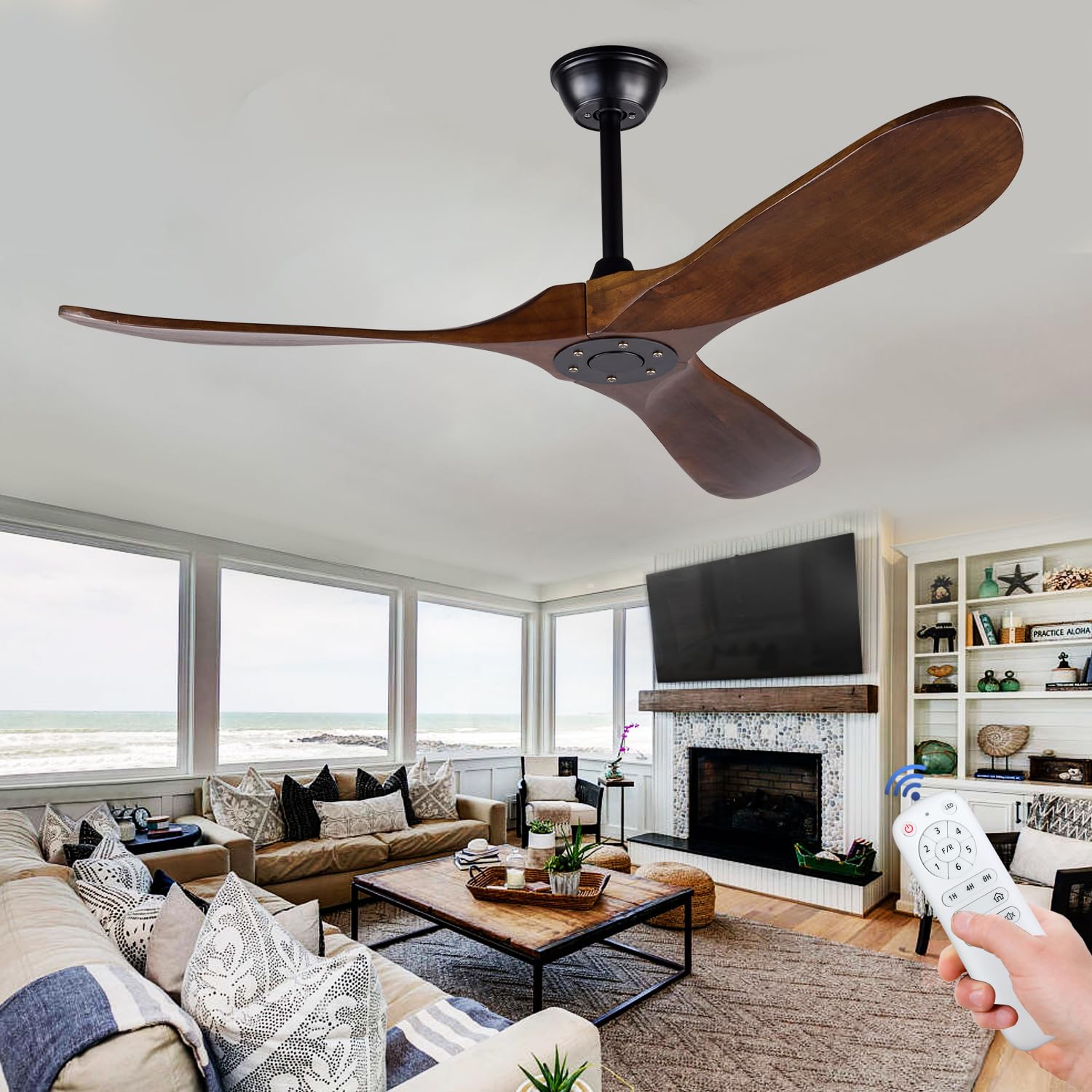 52 Inch BOJUE Wood Ceiling Fan No Light with Remote - 6 Speed Quiet DC Motor, Deep Walnut Blades - Perfect for Living Room, Bedroom, Patio, Porch & Outdoor Spaces