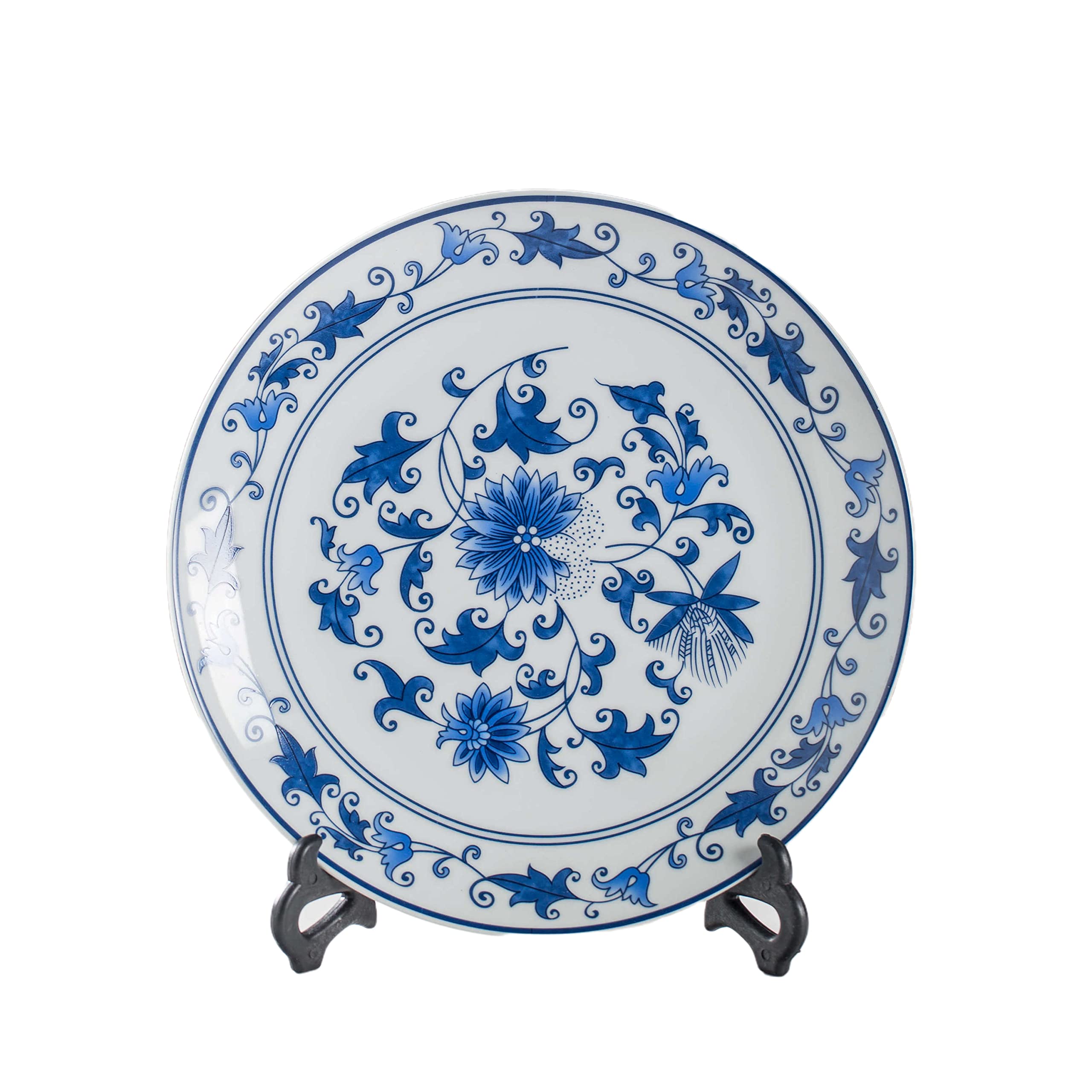 10'' Blue and White Porcelain Chinese Decorative Plates - Oriental Floral Ceramic Serving Plate with Display Stand for Home Decor, Dining & Gift Giving