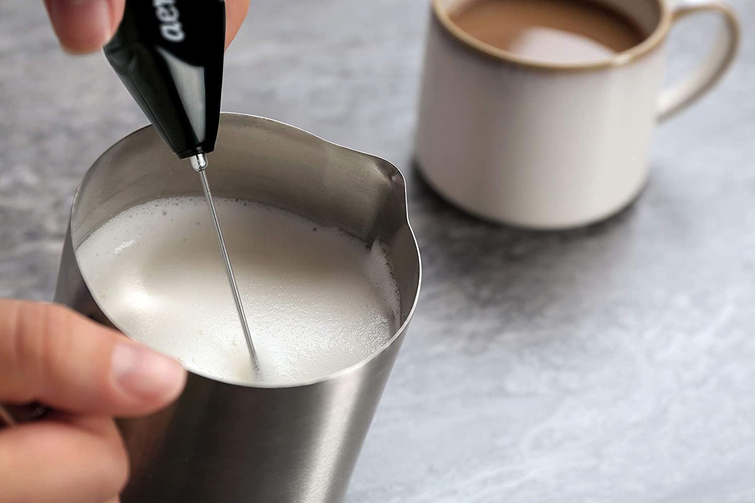 Aerolatte Essentials Steam-Free Milk Frother - Black | Handheld Electric Milk Frother for Coffee, Latte, Cappuccino & Hot Chocolate | Perfect for Home, Office & Travel Use