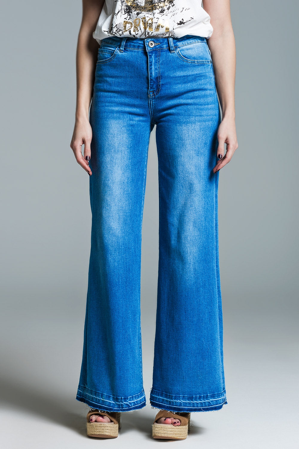 Medium Wash Jeans Style Palazzo Pants with Double Stitched Hem - Perfect for Casual Outfits & Boho Chic Looks