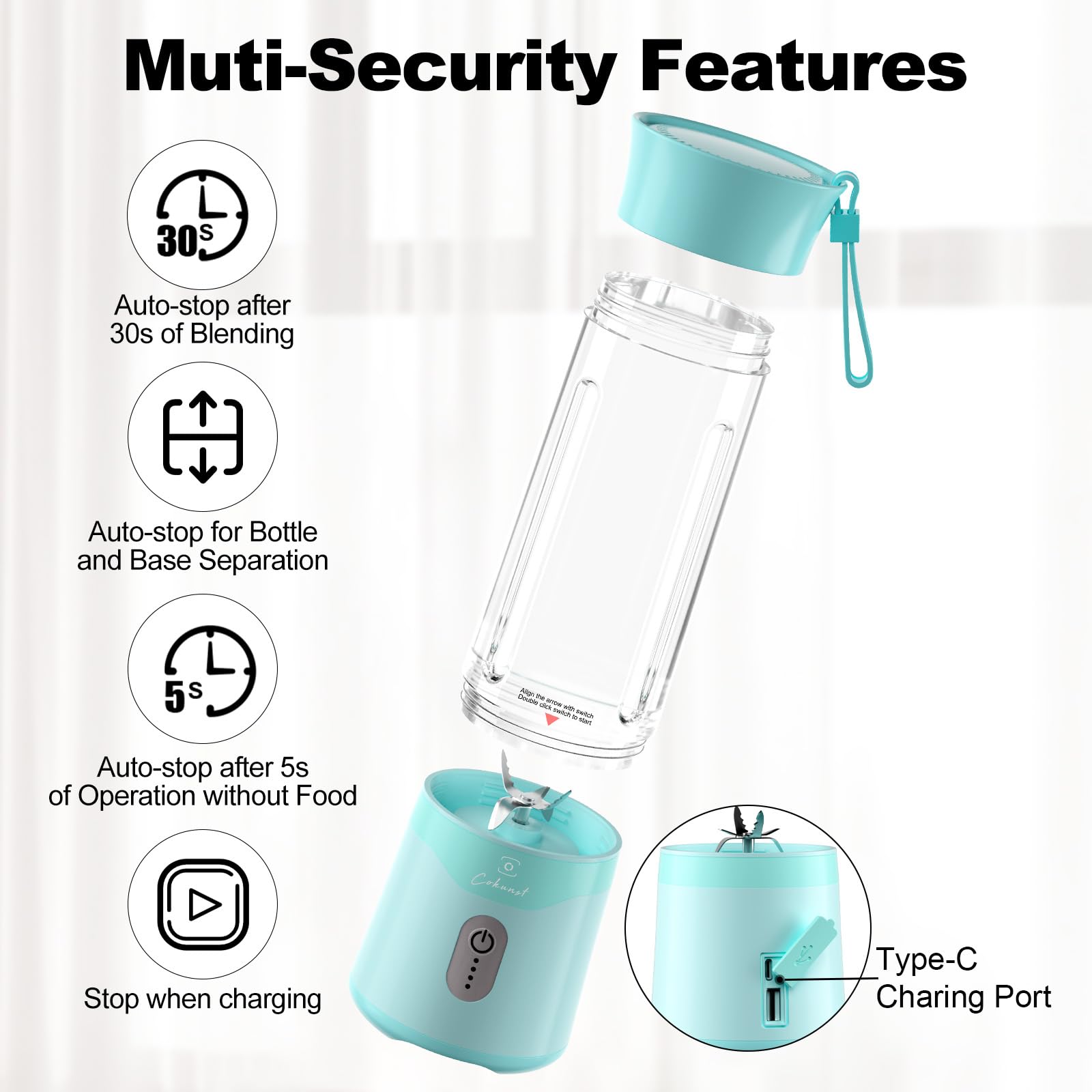 COKUNST 18oz Portable Blender - USB Rechargeable Personal Smoothie Maker with 6 Stainless Steel Blades | Perfect for Protein Shakes, Juicing & Travel | Compact Design with Handle Lid for Gym, Sports & Outdoor Activities