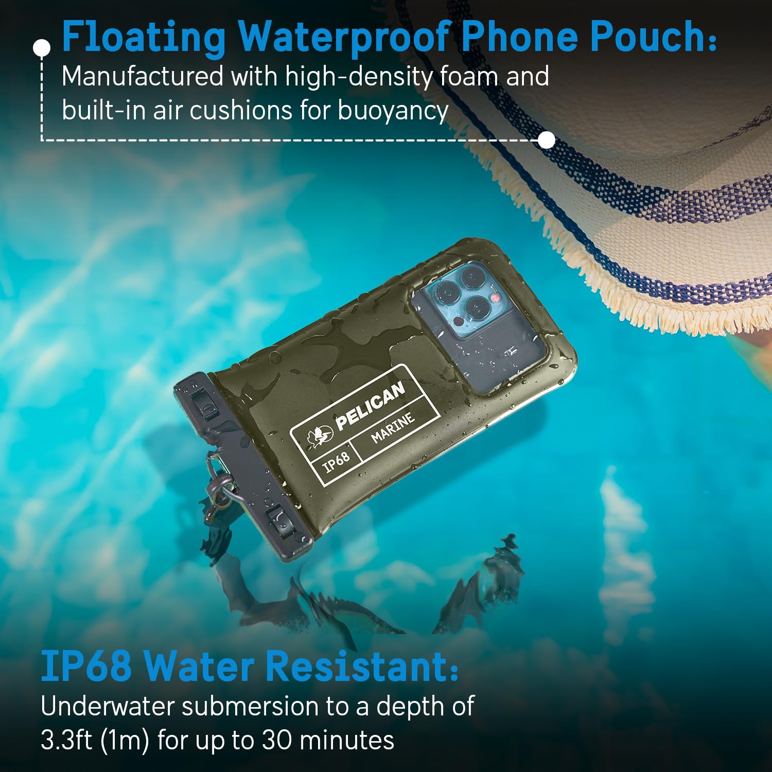 **Pelican Marine IP68 Waterproof Phone Pouch – Floating Waterproof Phone Case for iPhone, Samsung & All Smartphones – Detachable Lanyard – Perfect for Beach, Cruise, Swimming & Outdoor Activities – Olive Green**