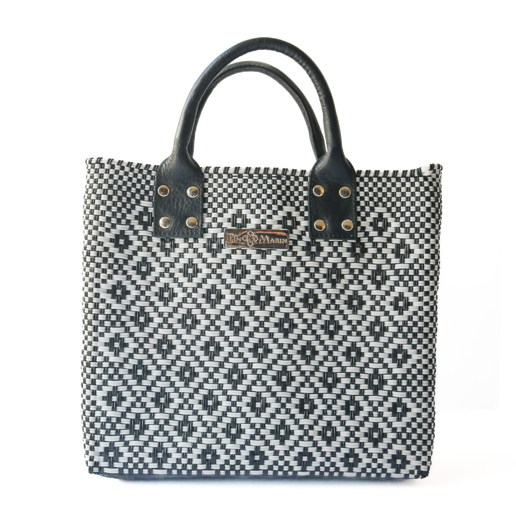 Eco-Friendly Panda Large Woven Crossbody Bag - Black Leather Handles & Adjustable Strap, Handmade Recycled Plastic Purse | Mexican Oaxaca Style Tote for Women | Perfect for Summer, Work & Everyday Use | Casual Outings, Beach Trips & Office Commute