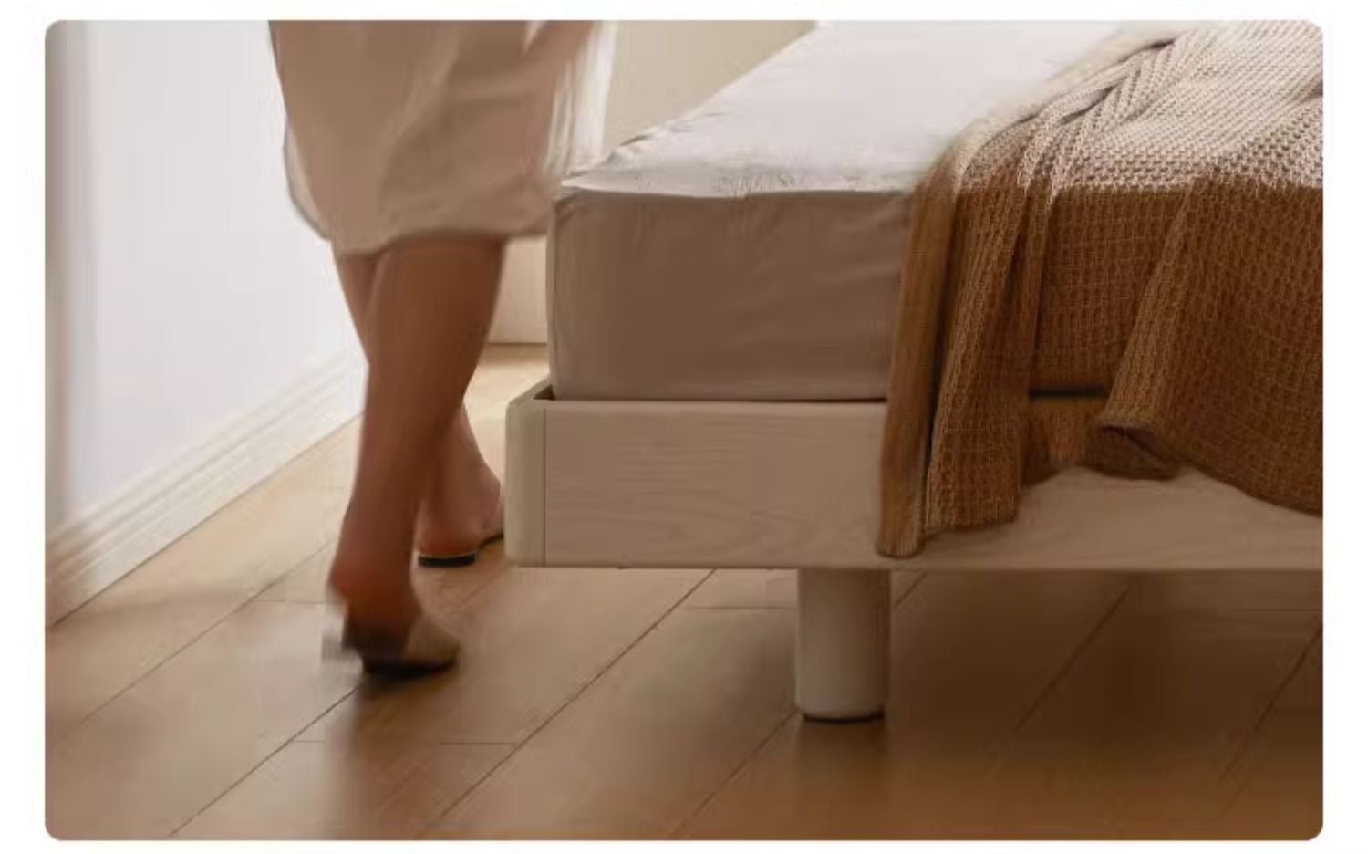 Solid Oak Wood Platform Bed - No Headboard, Cream Finish - Modern Minimalist Bedroom Furniture for Small Spaces & Loft Apartments