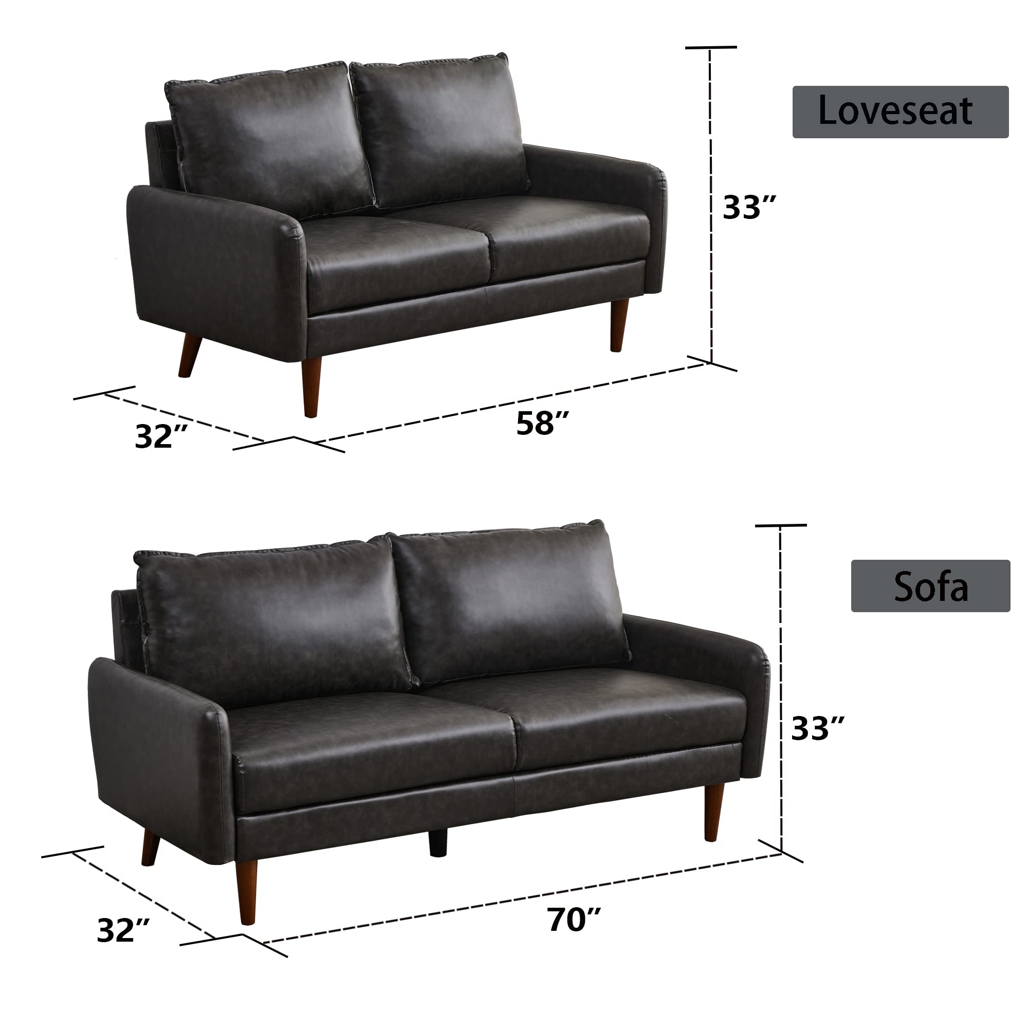 Modern Leather Loveseat Sofa with Wooden Legs - Dark Grey Comfortable Couch for Living Room, Office & Small Spaces - Perfect for Apartments, Reading Nooks & Cozy Home Decor