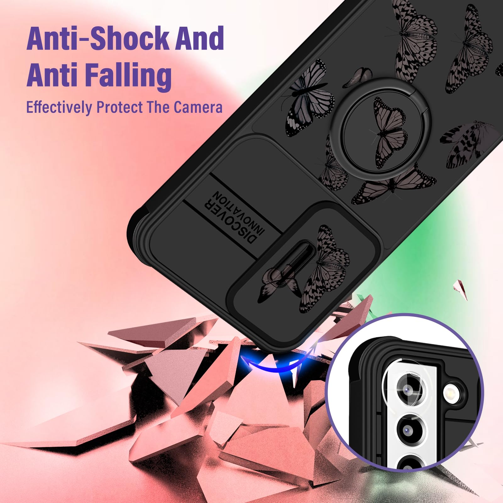 2 in 1 Cute Butterfly Design Samsung Galaxy S22 Case for Women - Aesthetic Black Phone Cover with Camera Protector & Ring Stand | Perfect for Work, Travel and Everyday Use