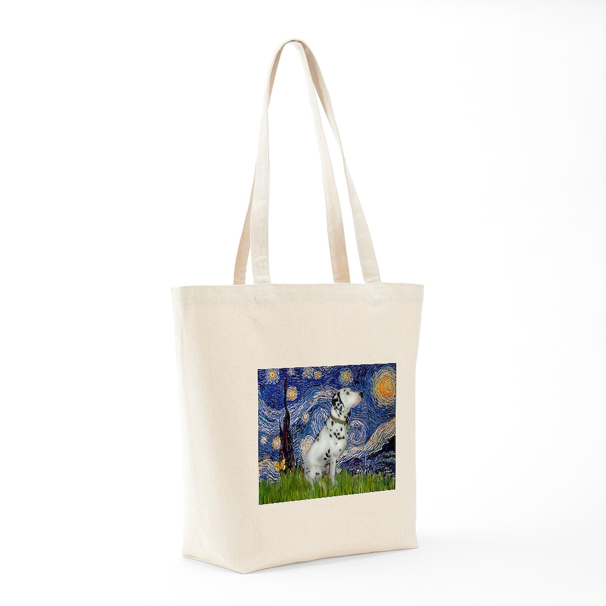 Starry Night Dalmatian Print Natural Canvas Tote Bag - Eco-Friendly Reusable Grocery Shopping Bag for Beach, Work & Farmers Market