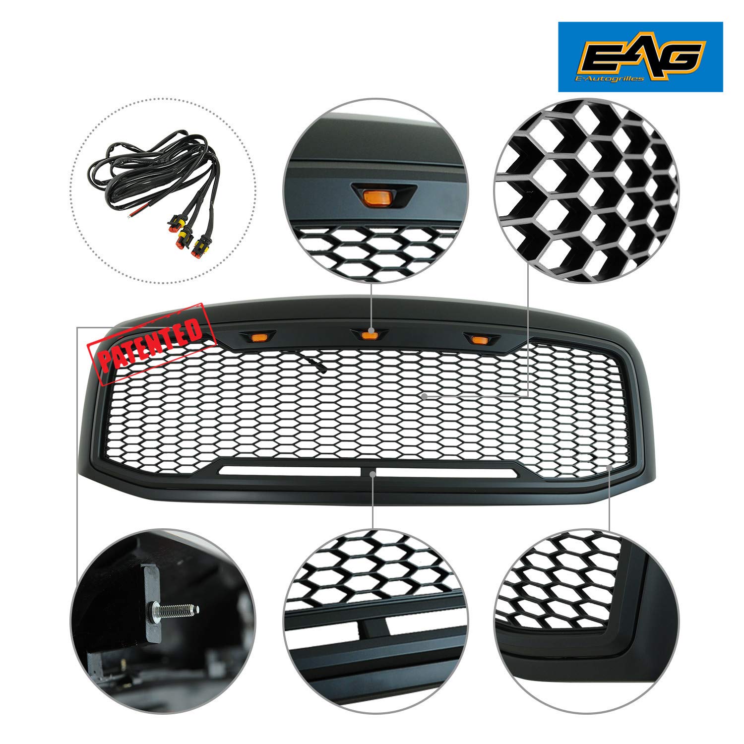 EAG Replacement Upper ABS Grille with Amber LED Lights - Matte Black for 06-08 Dodge Ram 1500 & 06-09 Dodge Ram 2500/3500 | Off-Road Style Upgrade & Enhanced Night Visibility