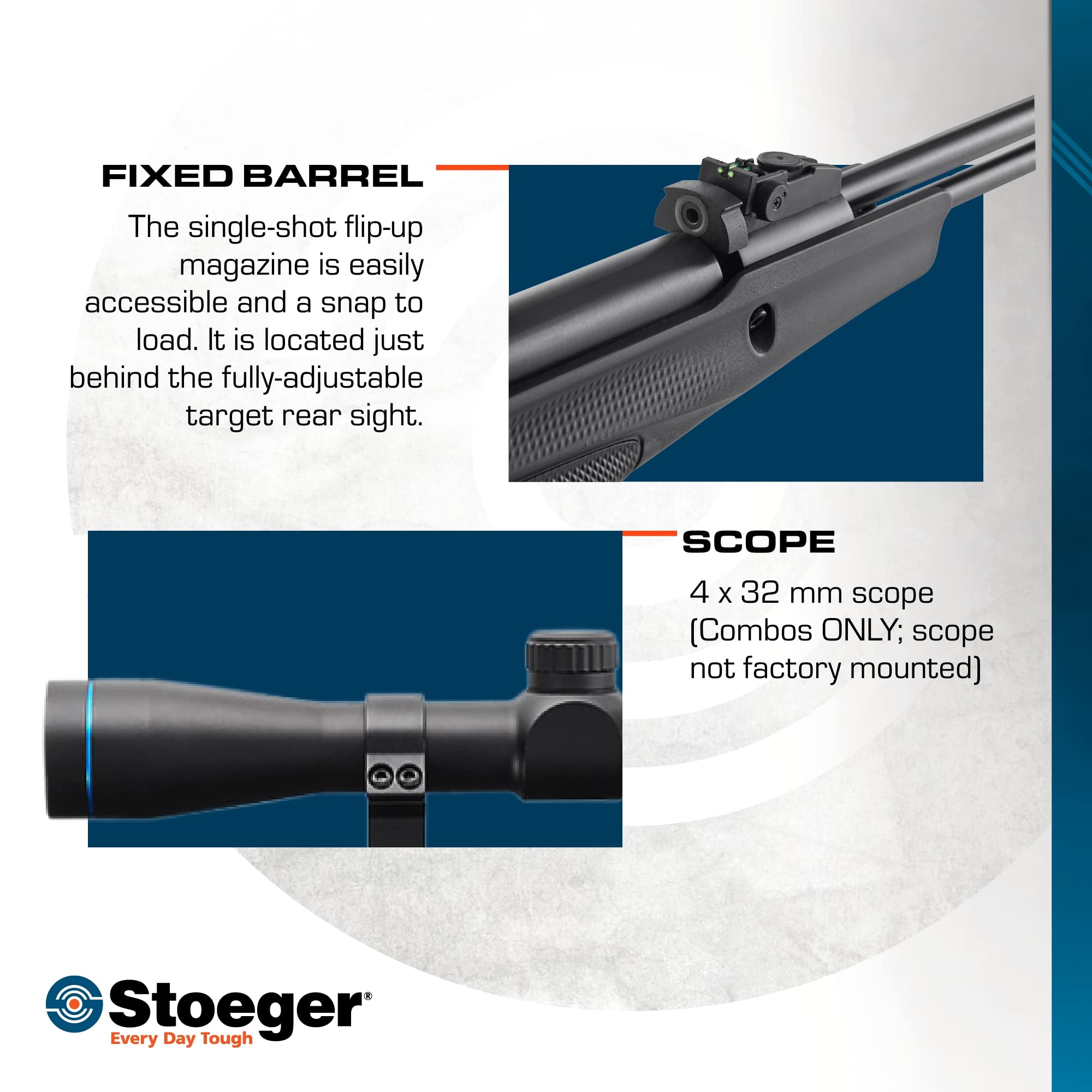 Stoeger S6000-E .22 Caliber Air Rifle Combo with Black Synthetic Stock, Fiber-Optic Sights & 4x32 Scope – Perfect for Hunting, Target Practice & Outdoor Shooting Sports