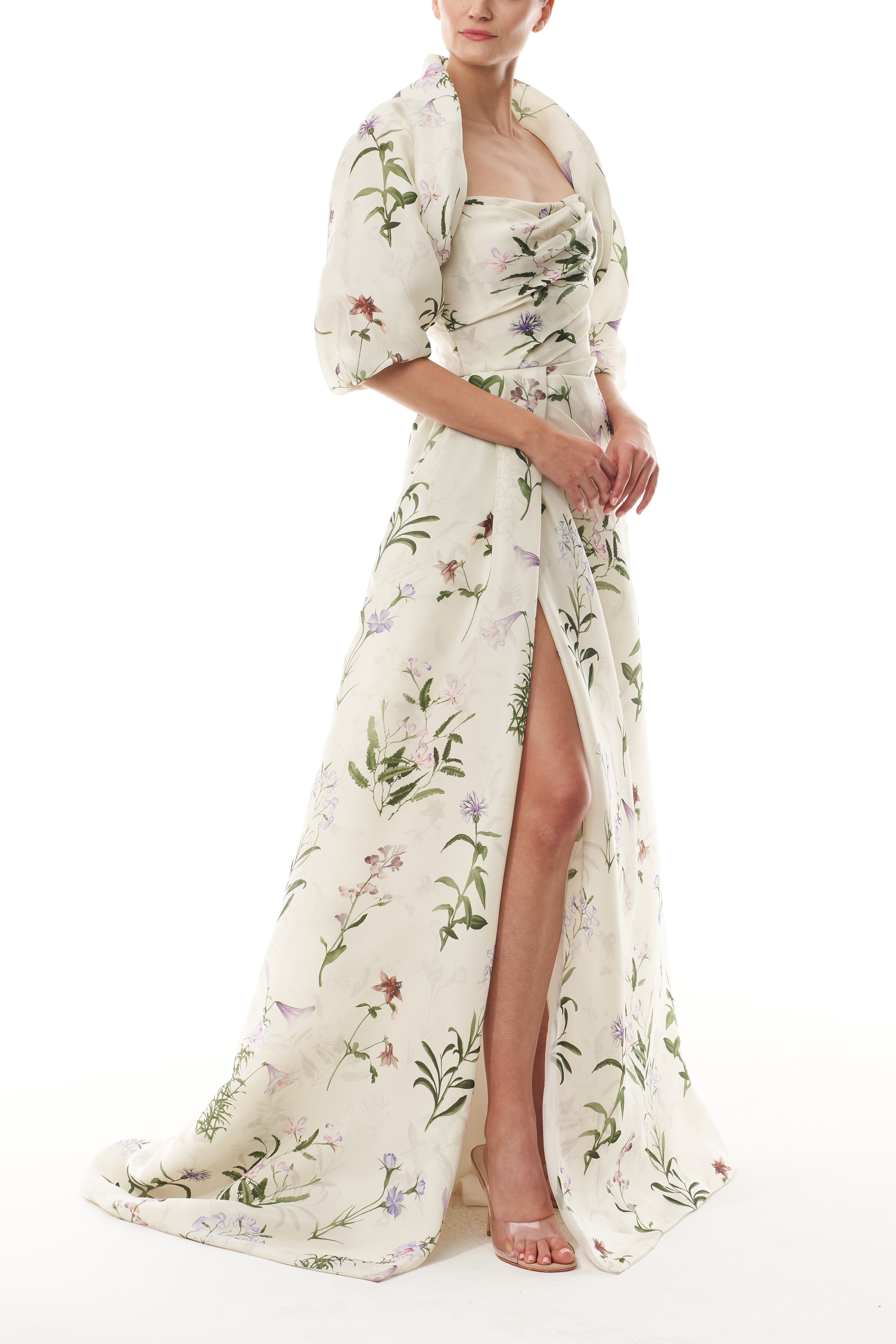 Elegant Floral Gazar Draped Gown for Women - Formal Evening Dress for Weddings, Galas & Special Occasions