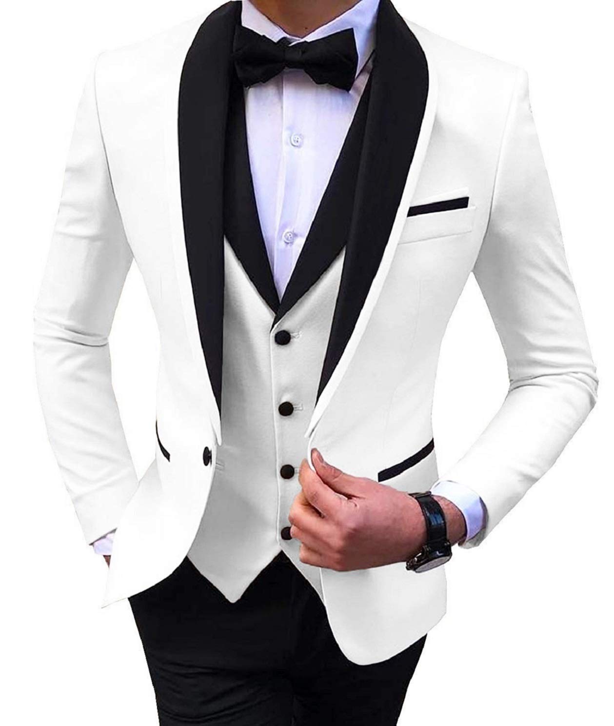 Everbeauty Men's Slim Fit 3-Piece Tuxedo Suit - Shawl Lapel Jacket, Vest & Pants Set for Weddings, Prom & Formal Events | Premium Wedding Attire & Groom Suit (Style EXZ082)