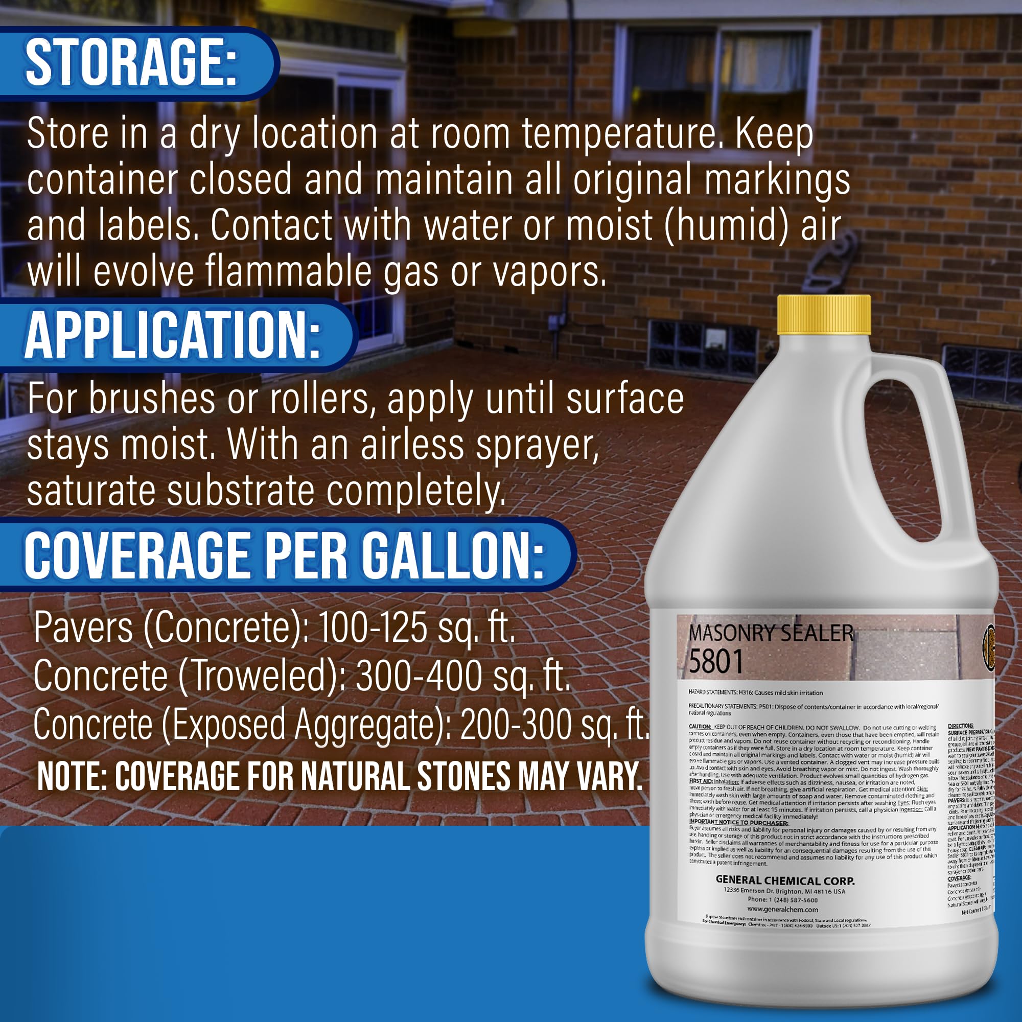 DeckGeneral Masonry Sealer 5801 - Clear Silane Siloxane Waterproof Concrete Sealant for Stone, Brick & Mortar - Protects Driveways, Sidewalks, Patios & Outdoor Surfaces from Weather Damage (1 Gallon) - Ideal for DIY Home Improvement & Commercial Use