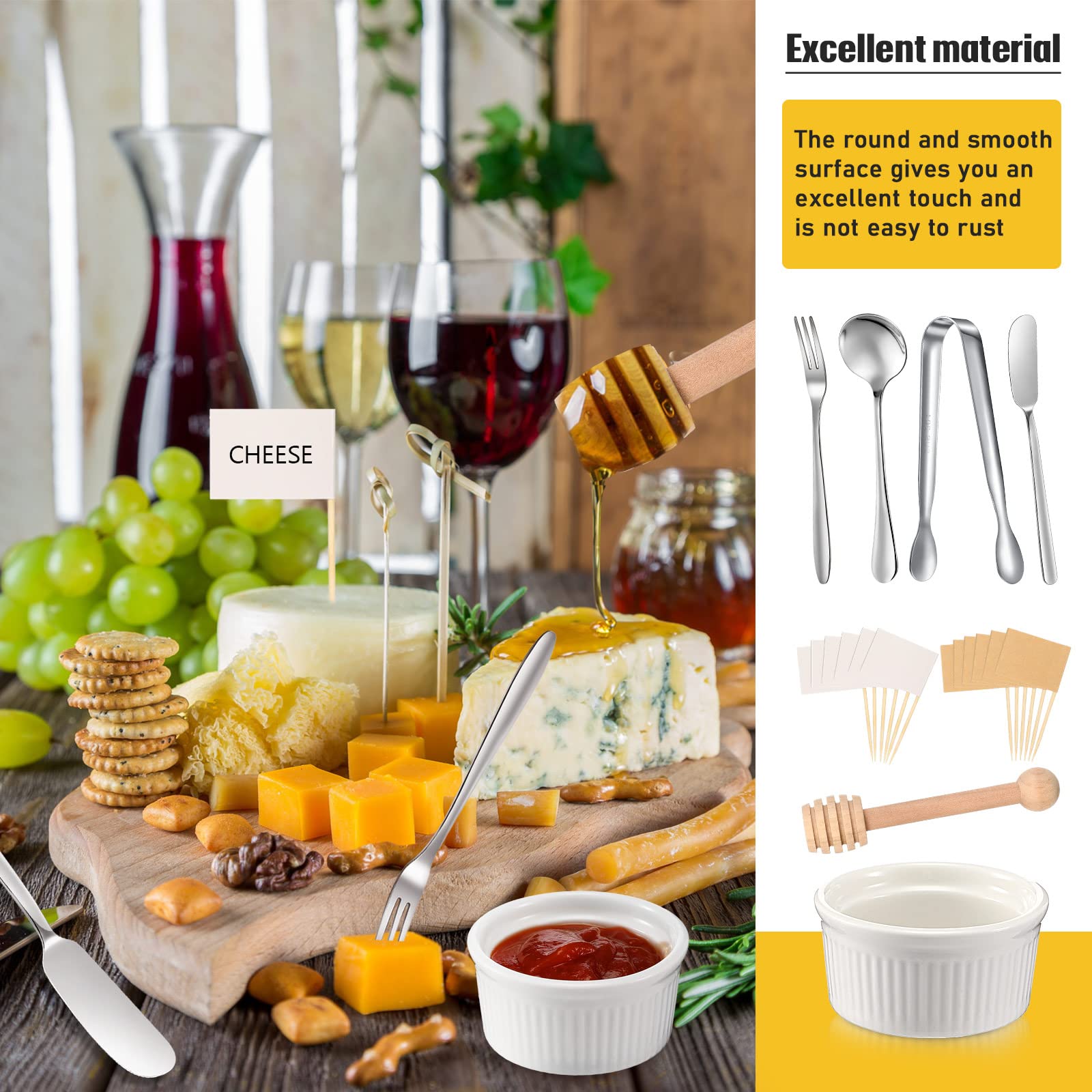 Premium Charcuterie Board Set - 18-Piece Cheese & Charcuterie Knives, Serving Tongs, Spoons, Forks with Honey Dipper & Toothpick Flags - Elegant Silver Stainless Steel Utensils for Cheese Platters, Wine Parties & Holiday Entertaining