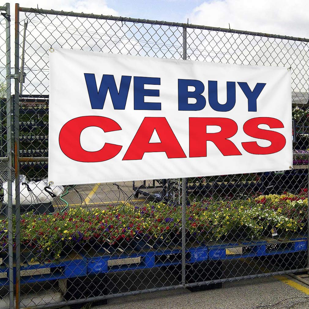 Custom Vinyl Car Buying Banners - 60x144 Inches, Weatherproof & Durable for Outdoor Use - Blue & Red Automotive Signs with 10 Grommets - Perfect for Car Dealerships, Junkyards & Industrial Yard Advertising