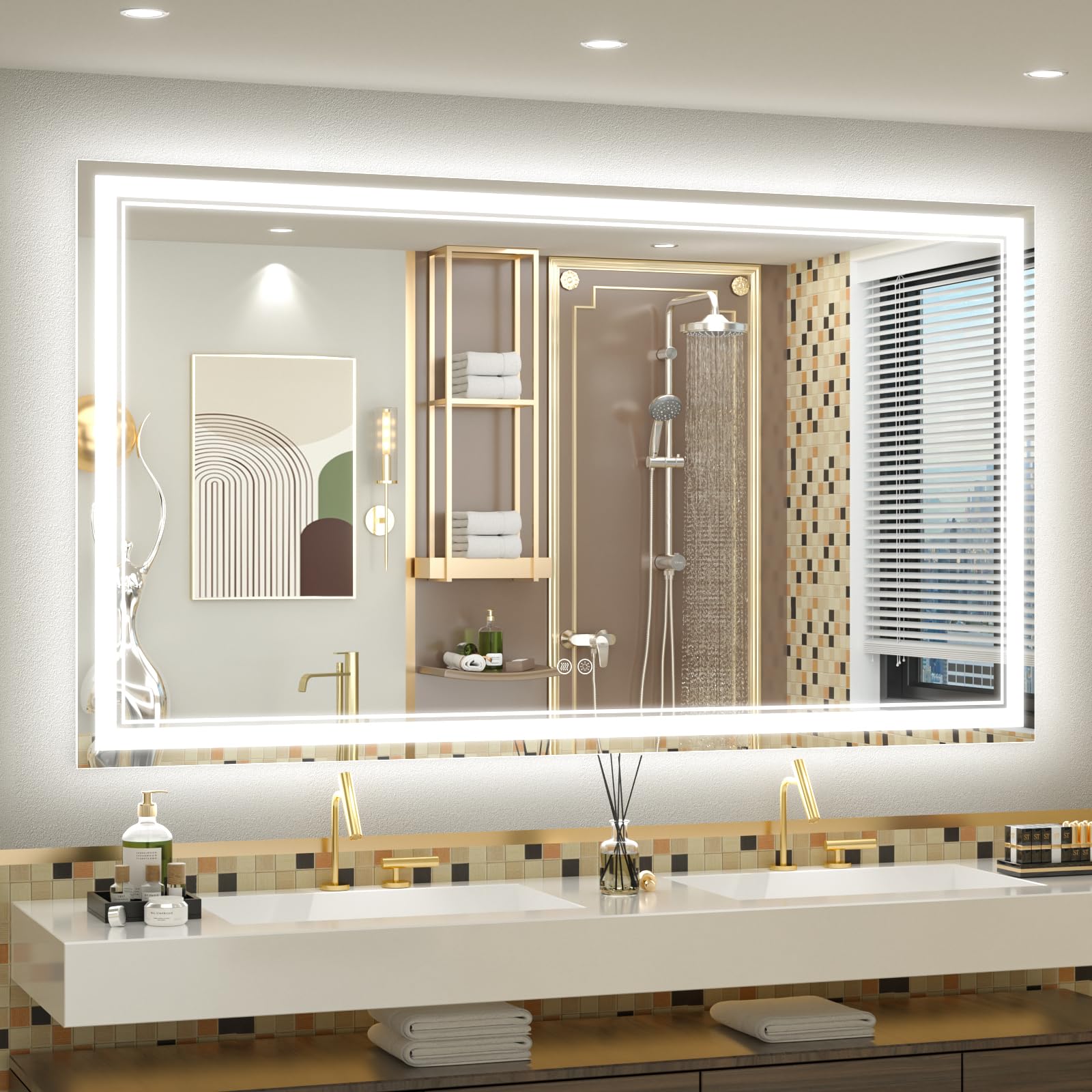 OKPAL 60x36 Inch LED Bathroom Mirror with Anti-Fog & Dimmable Lights - Shatterproof Vanity Mirror for Makeup & Shaving - ETL Certified Horizontal/Vertical Mount - Perfect for Modern Bathrooms & Dressing Areas