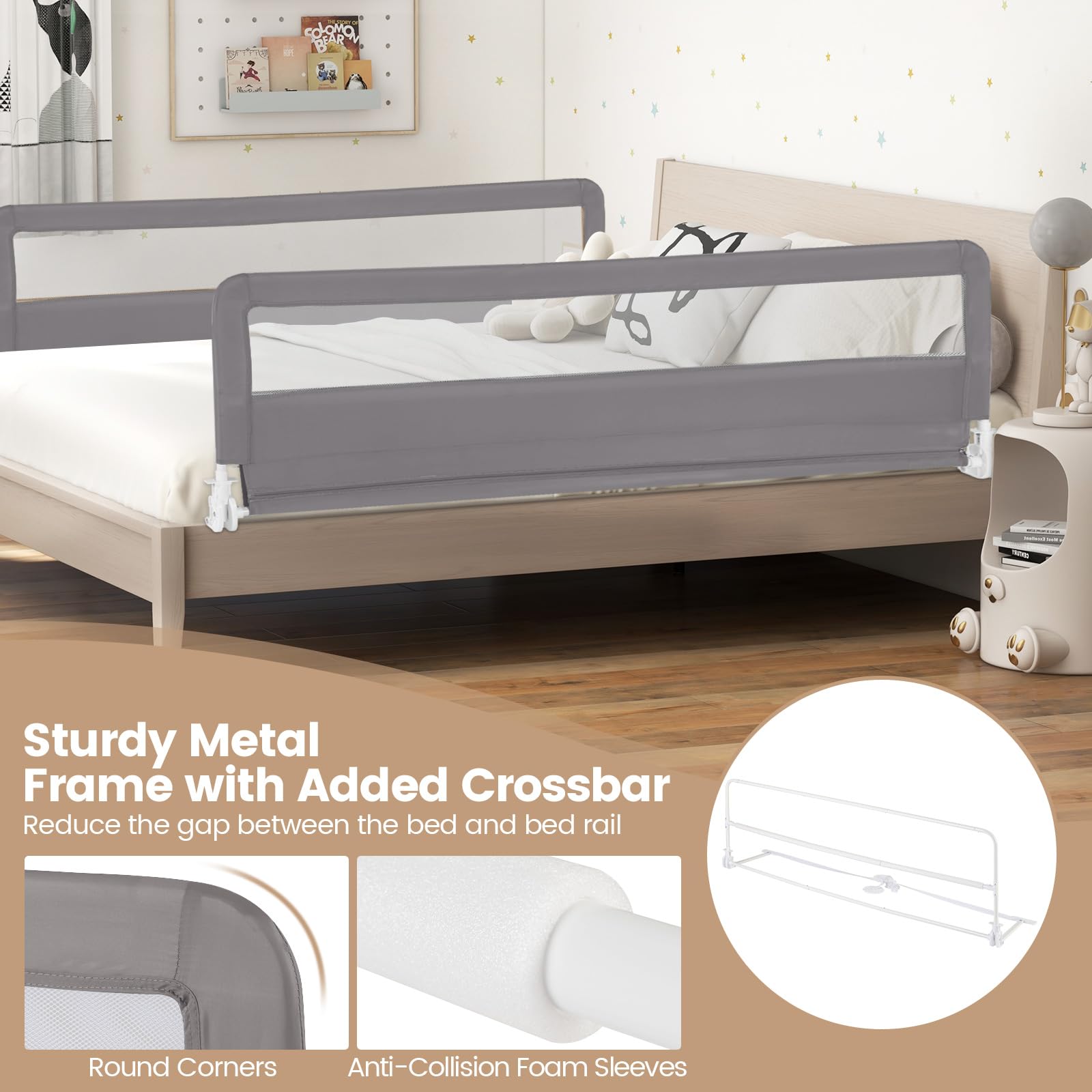 HONEY JOY 71-inch Extra Long Toddler Bed Rail - Portable Safety Bed Guardrail with Double Child Lock, Foldable Baby Bed Rail for King, Queen, Full & Twin Size Mattresses (Gray, 2 Pack) - Perfect for Travel, Home & Childcare Safety