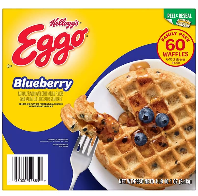 Eggo Blueberry Waffles Family Pack - 60 Count (4 lb) | Frozen Breakfast Waffles for Quick & Easy Morning Meals, School Lunches, or Snacks