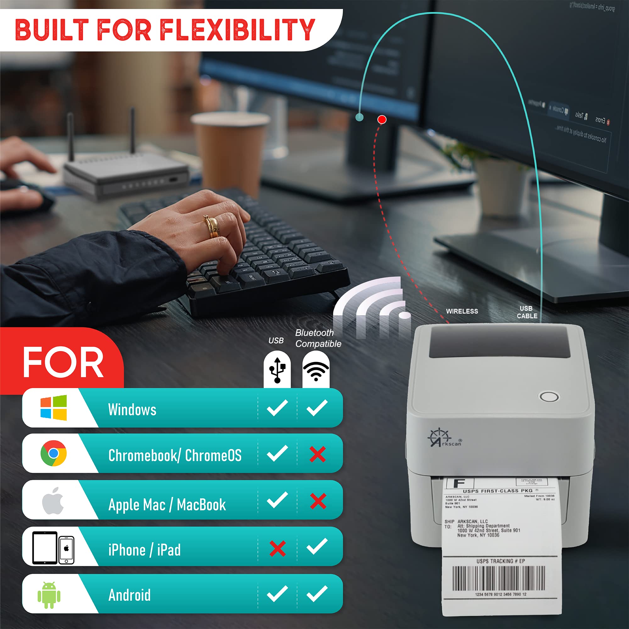 2054K-BT Bluetooth Wireless Shipping Label Printer - Compatible with iPhone, Windows, Mac, Chromebook & Android - Works with Amazon, eBay, PayPal, Shopify, ShipStation - Supports UPS, USPS, FedEx Fanfold Labels - Perfect for E-commerce Sellers & Small Business Shipping