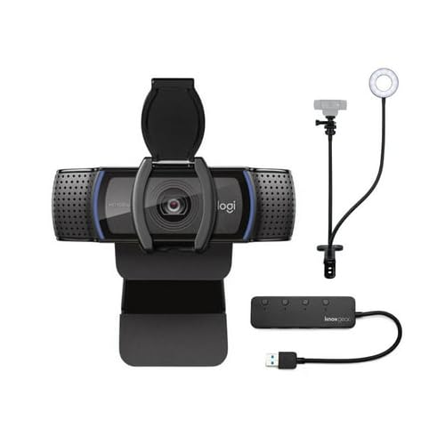 Logitech C920S Pro HD Webcam Bundle with Adjustable Stand, Ring Light & 4-Port USB Hub - Perfect for Zoom Meetings, Video Conferencing, Live Streaming & Online Classes