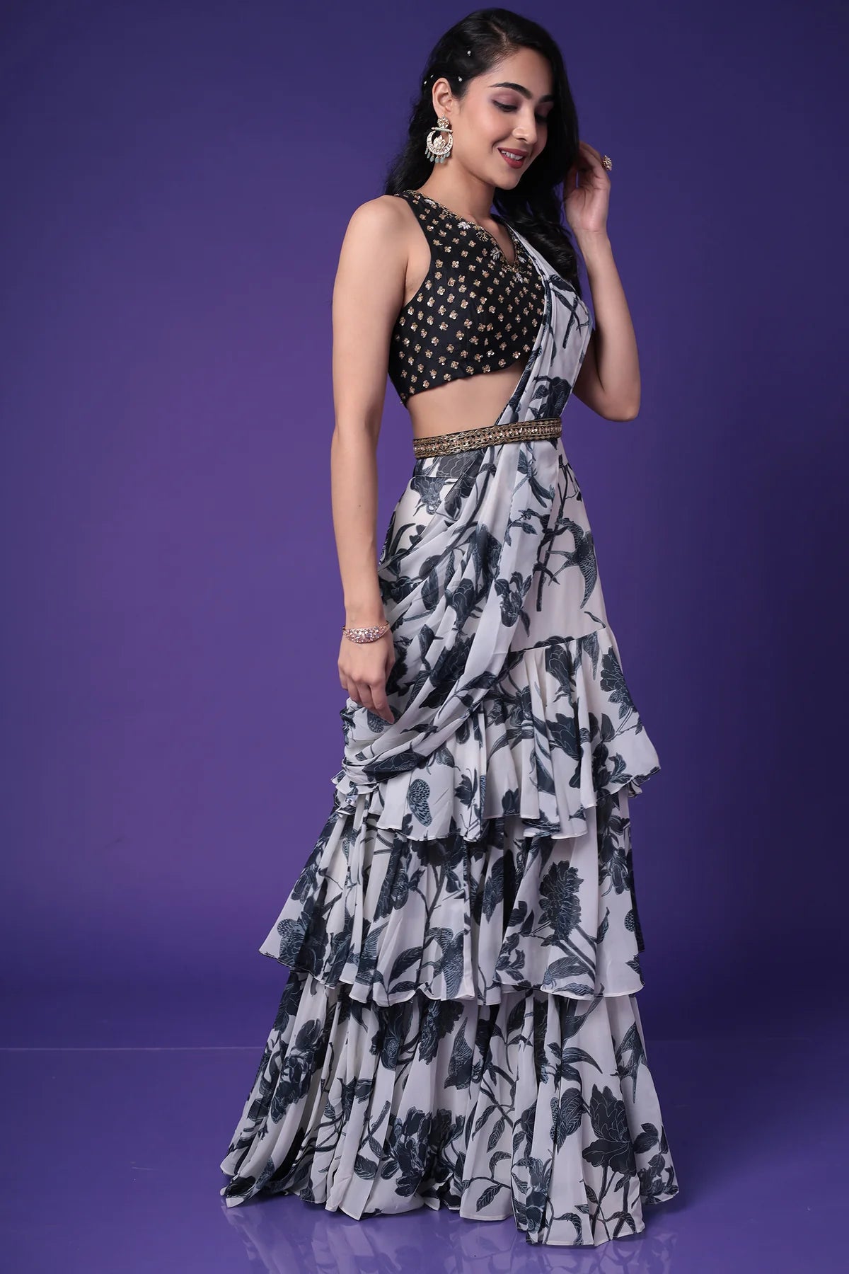 Elegant Cream & Black Printed Pre Draped Saree Set (D42) - Perfect for Weddings, Parties & Festive Occasions