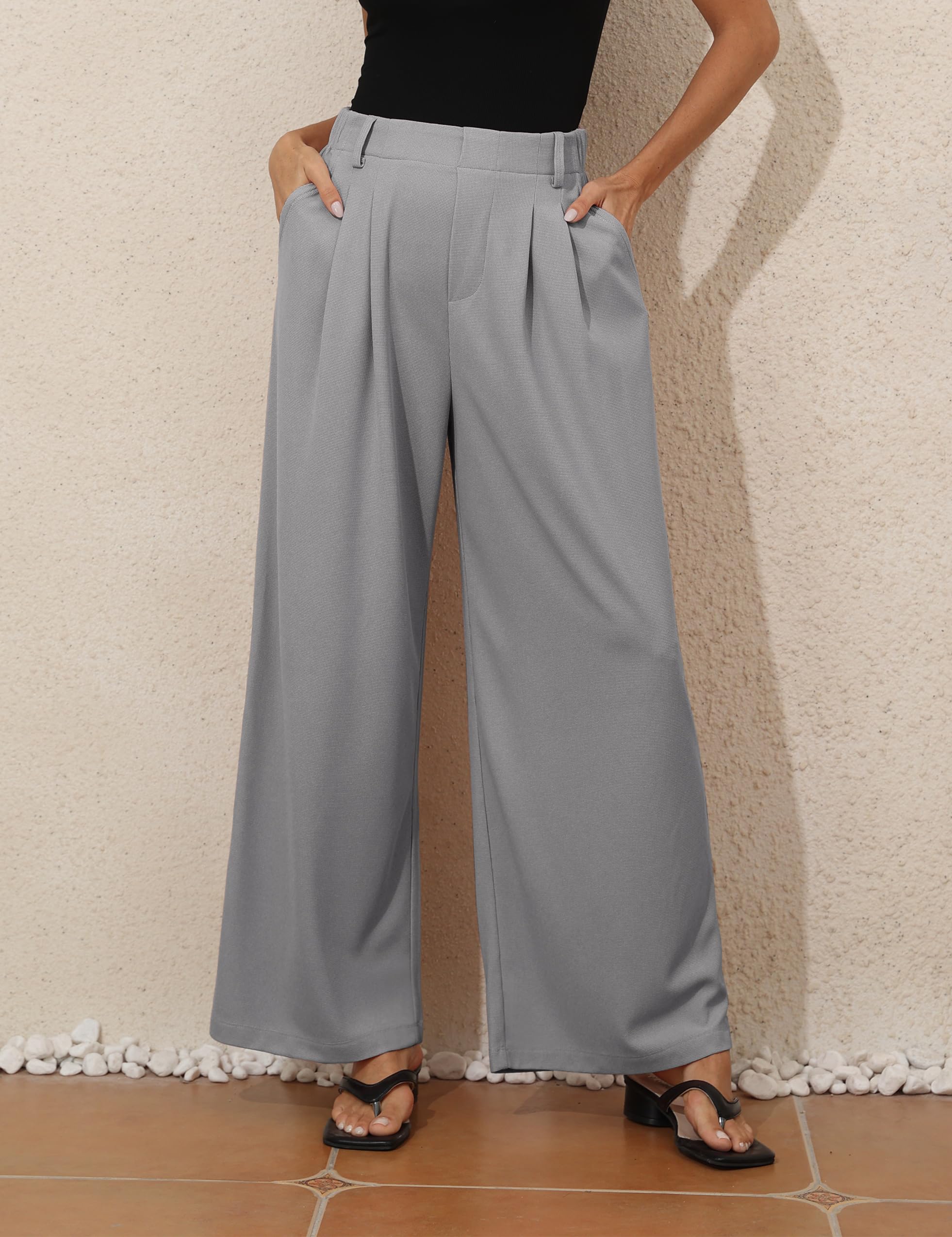 PrettyGuide Women's Wide Leg Dress Pants - Elastic High Waisted Waffle Knit Work Pants with Pockets | Comfortable Palazzo Trousers for Office, Business Casual & Everyday Wear