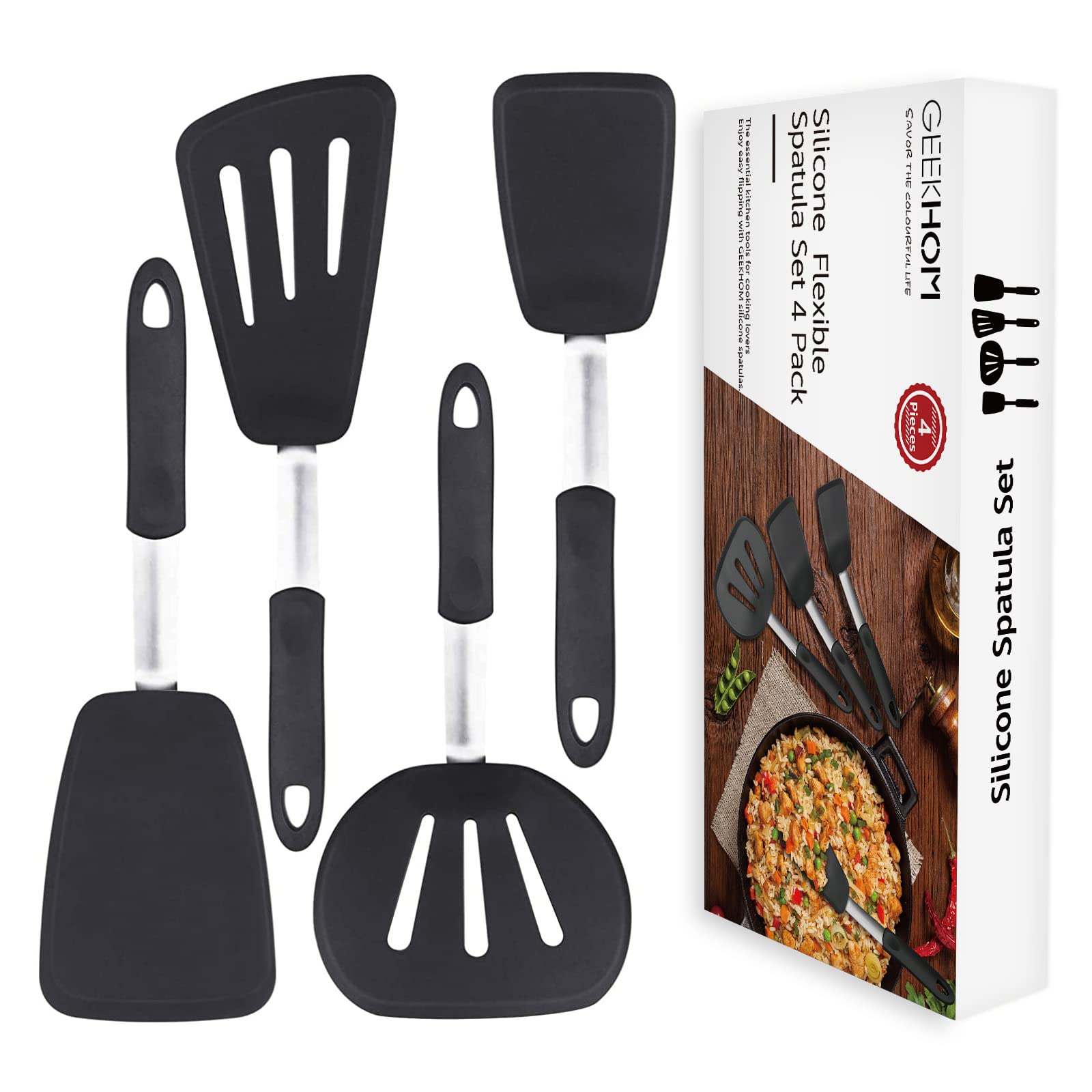 GEEKHOM 4-Piece Silicone Spatula Set - 600°F Heat Resistant, BPA-Free Kitchen Utensils for Nonstick Cookware, Flexible Turner for Pancakes, Eggs, Fish - Perfect for Flipping, Stirring & Serving (Black)