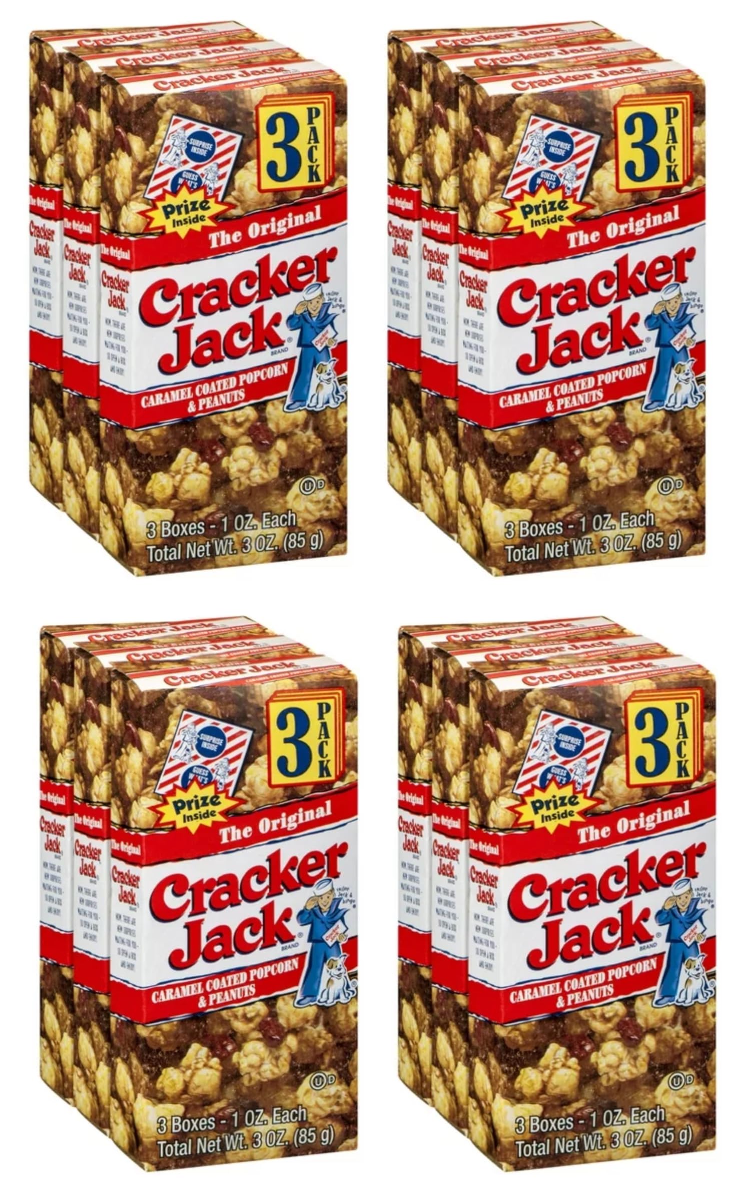 Original Cracker Jacks - 3 Box Bundles (12 Total Boxes) - Classic Caramel-Coated Popcorn & Peanuts Snack - Perfect for Parties, Movie Nights & On-the-Go Snacking