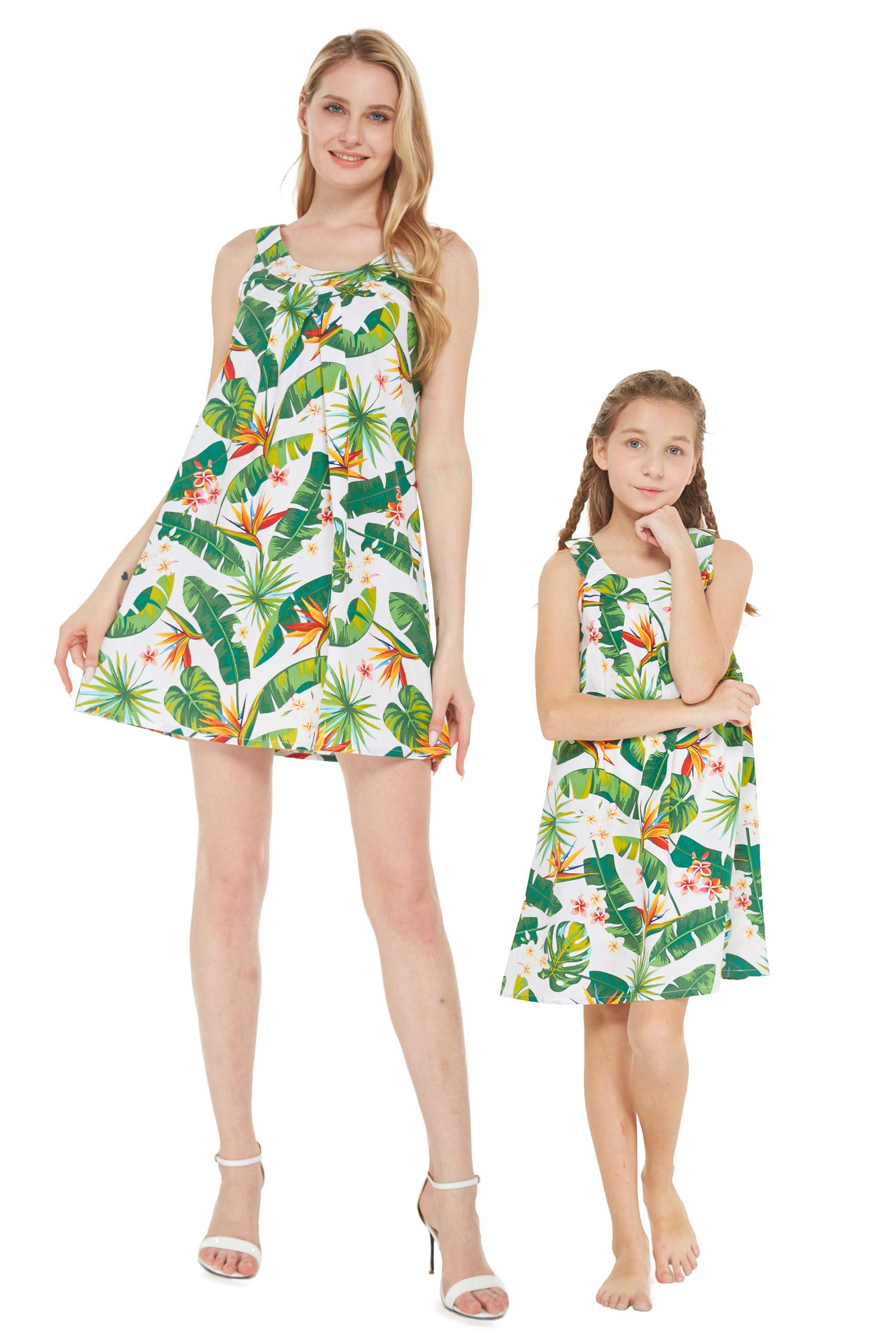 Floral Hawaiian Luau Mother Daughter Matching Dresses - Round Neck Shift Dress Set in Orchid Paradise Print for Beach Vacations, Family Photos & Summer Parties