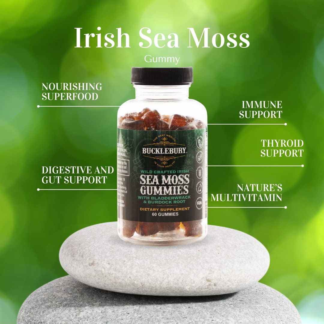 Wild Crafted Irish Sea Moss Gummies with Bladderwrack & Burdock Root - Vegan Chewable Multivitamin for Immune, Thyroid & Digestive Support - 60 Natural Gummy Supplements - Perfect for Daily Wellness & Gut Health Routine