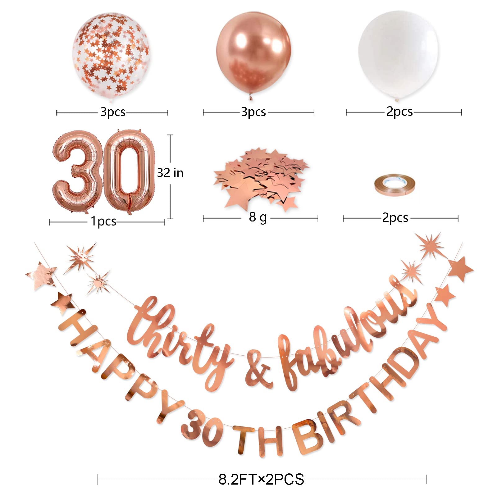 30th Birthday Decorations - Rose Gold 'Thirty & Fabulous' Banner, Garland & Foil Balloon Set for Women's Dirty Thirty Party | Perfect for Backdrop, Wall Decor & Cheers to 30 Years Celebration