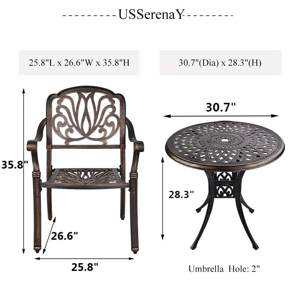 3-Piece Cast Aluminum Bistro Set with 2 Arm Chairs & Umbrella Hole - Antique Bronze Finish Patio Furniture for Outdoor Dining, Garden, Balcony or Poolside (Flower Pattern Table + 2 Chairs) | Perfect for Small Spaces, Morning Coffee & Relaxing Outdoors