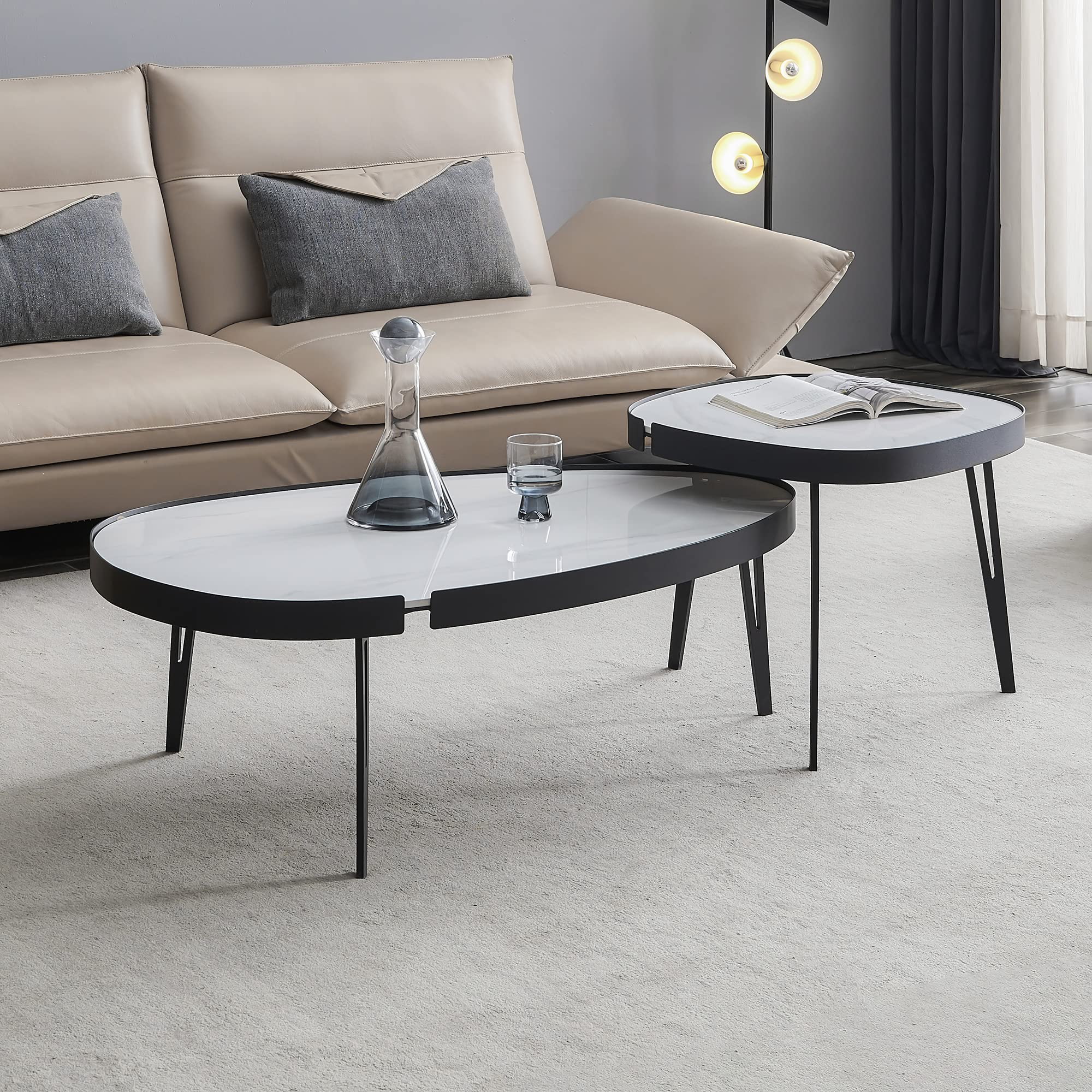Modern Nesting Coffee Table Set - Black Metal Frame with Durable Sintered Stone Tabletop - Perfect for Living Room, Small Space & Home Office Decor