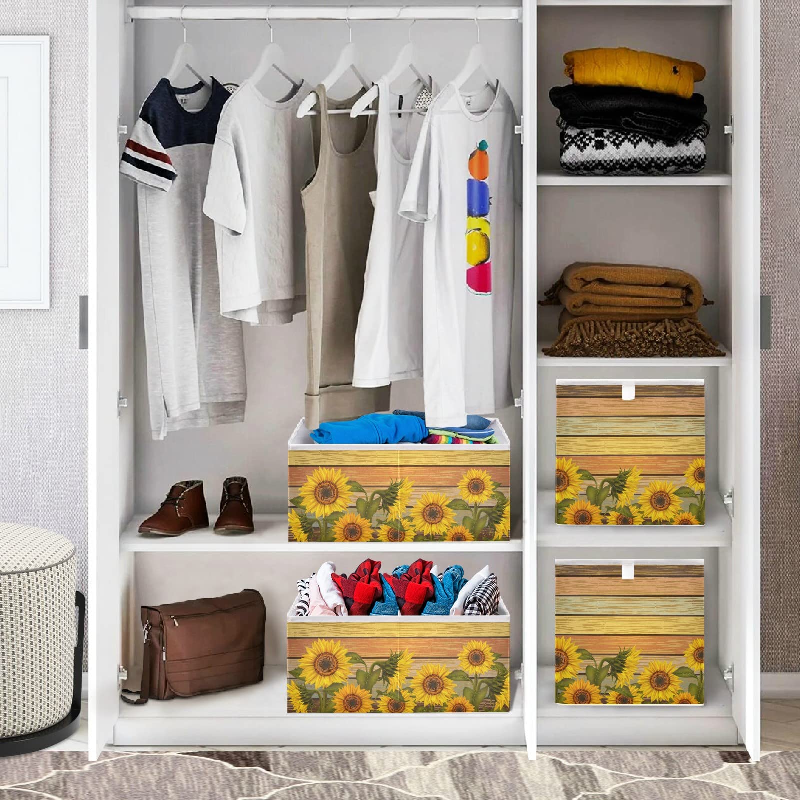 Foldable Collapsible Storage Baskets with Sunflower Leaves Print - 11x11 Inch Fabric Cube Organizer for Shelves, Pantry, Bathroom & Nursery | Space-Saving Toy & Baby Clothes Storage Solution
