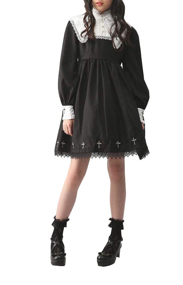 Gothic Lolita Dress Long Sleeve Black Vintage Cross Embroidery Casual Gothic Dress for Women | Perfect for Halloween, Cosplay, Gothic Parties & Dark Aesthetic Fashion
